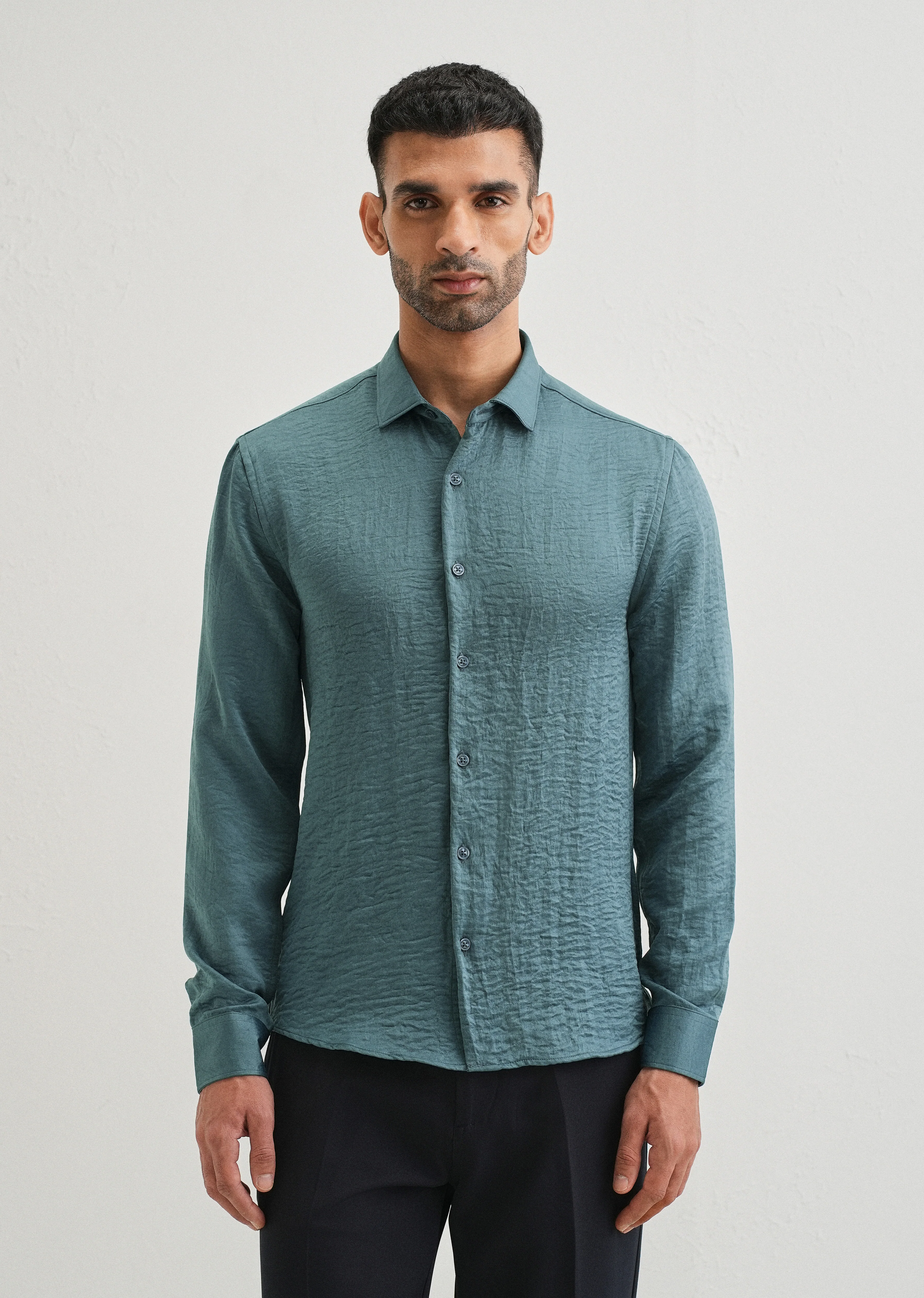 Teal Green Plain Crushed Satin Shirt - Image 3