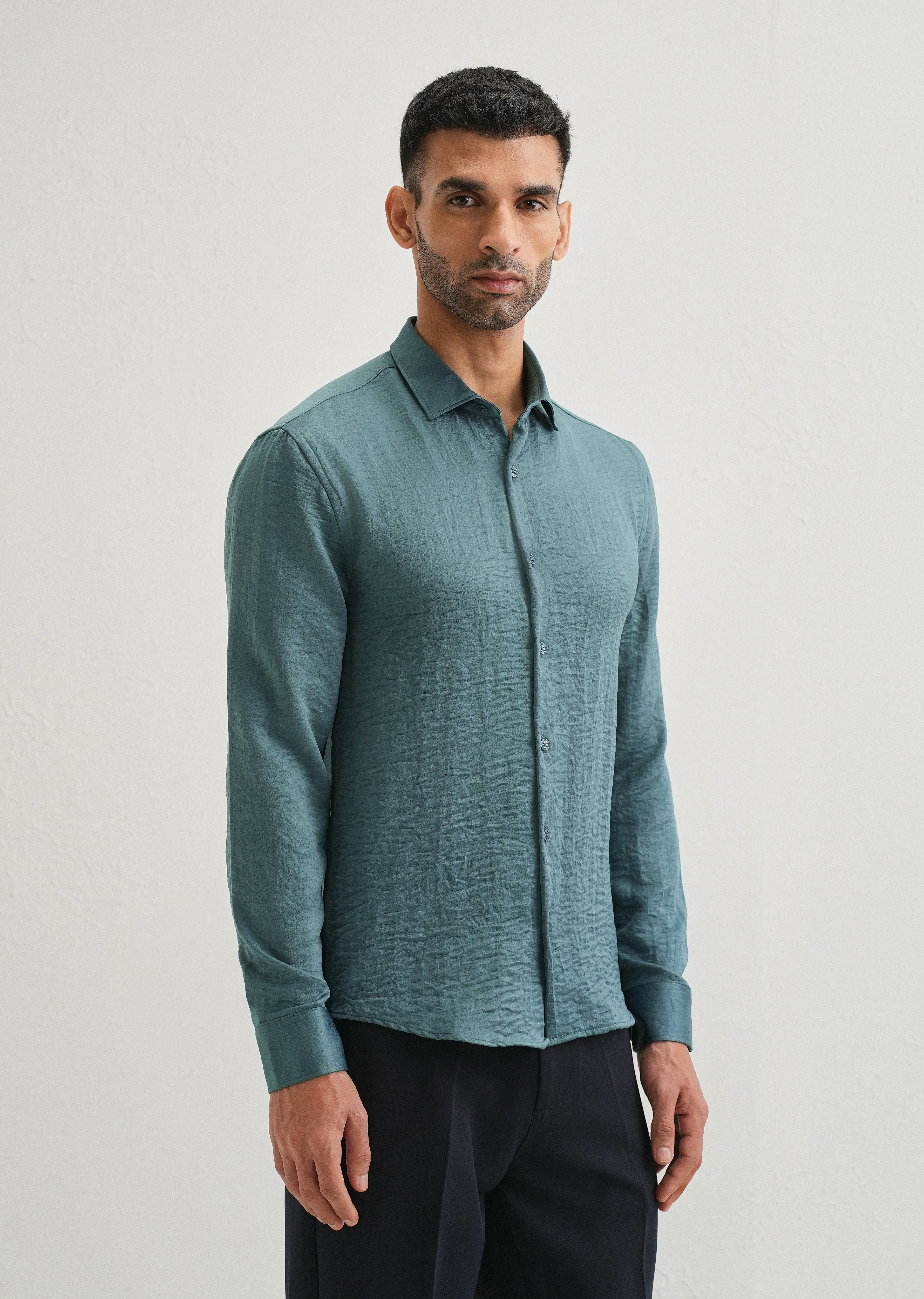 Teal Green Plain Crushed Satin Shirt - Image 4