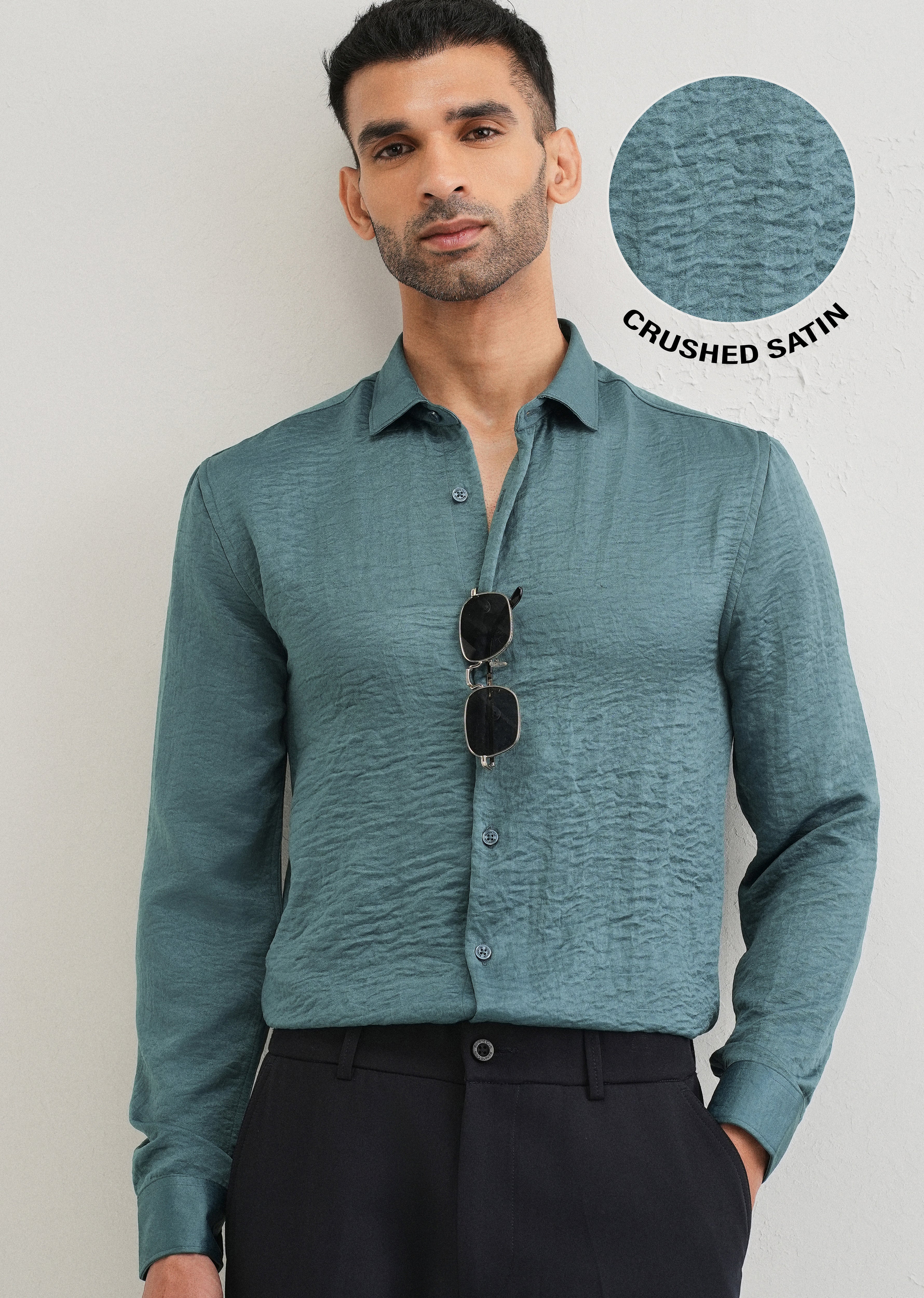 Teal Green Plain Crushed Satin Shirt - Image 7