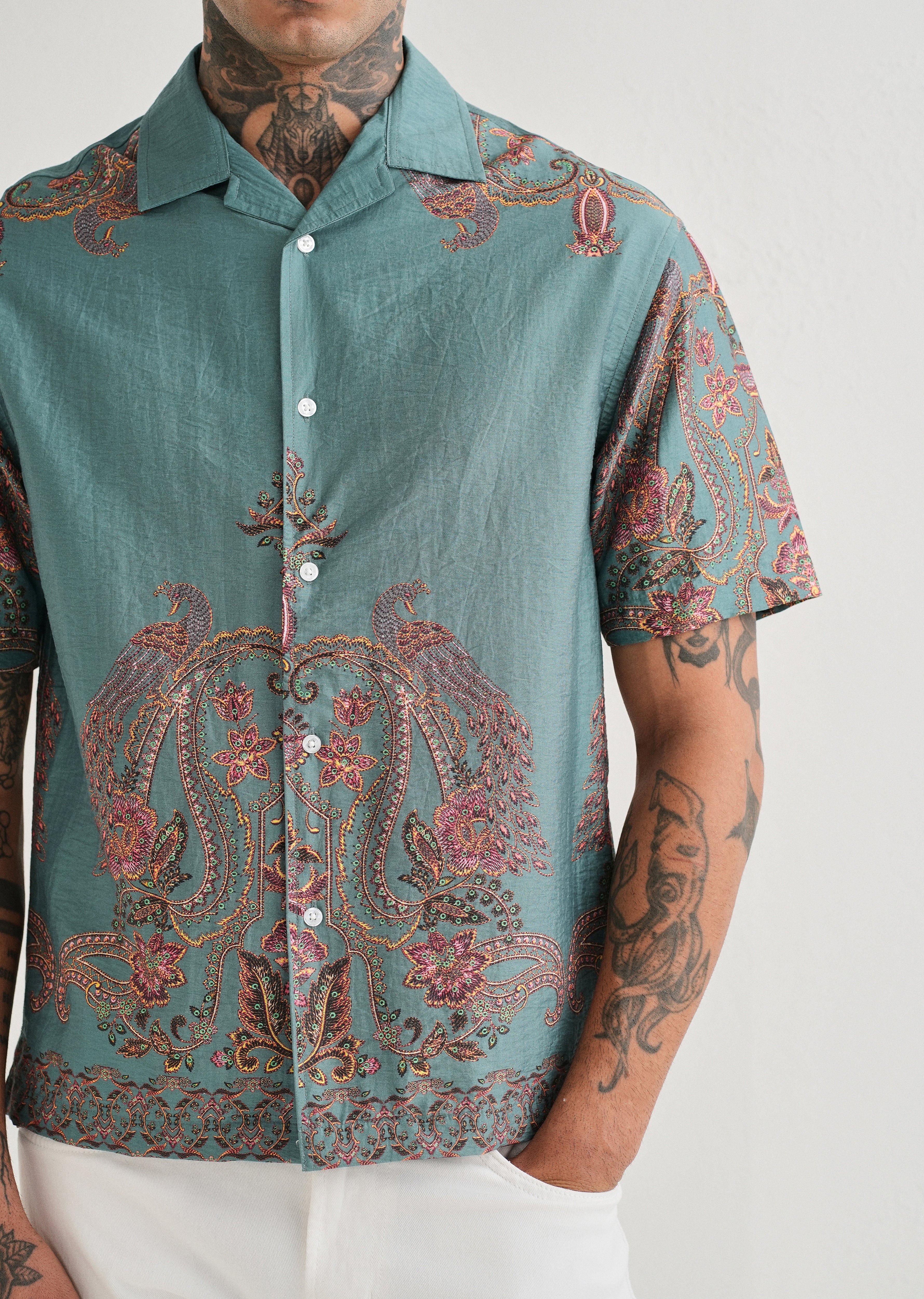 Teal Ornate Paisley Printed Shirt - Image 6