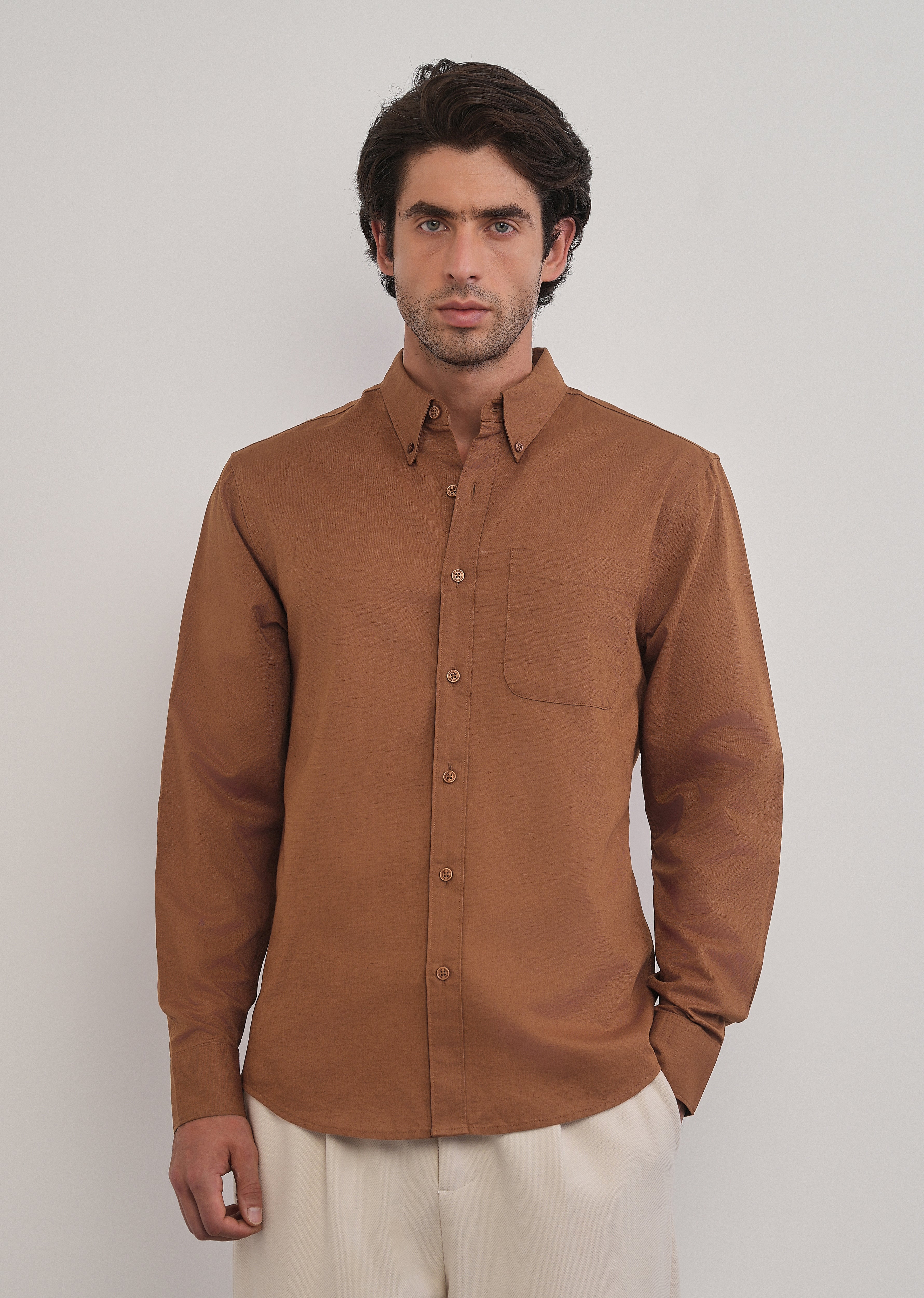 Terracotta Brown Cotton Linen Plain Shirt - Image 3