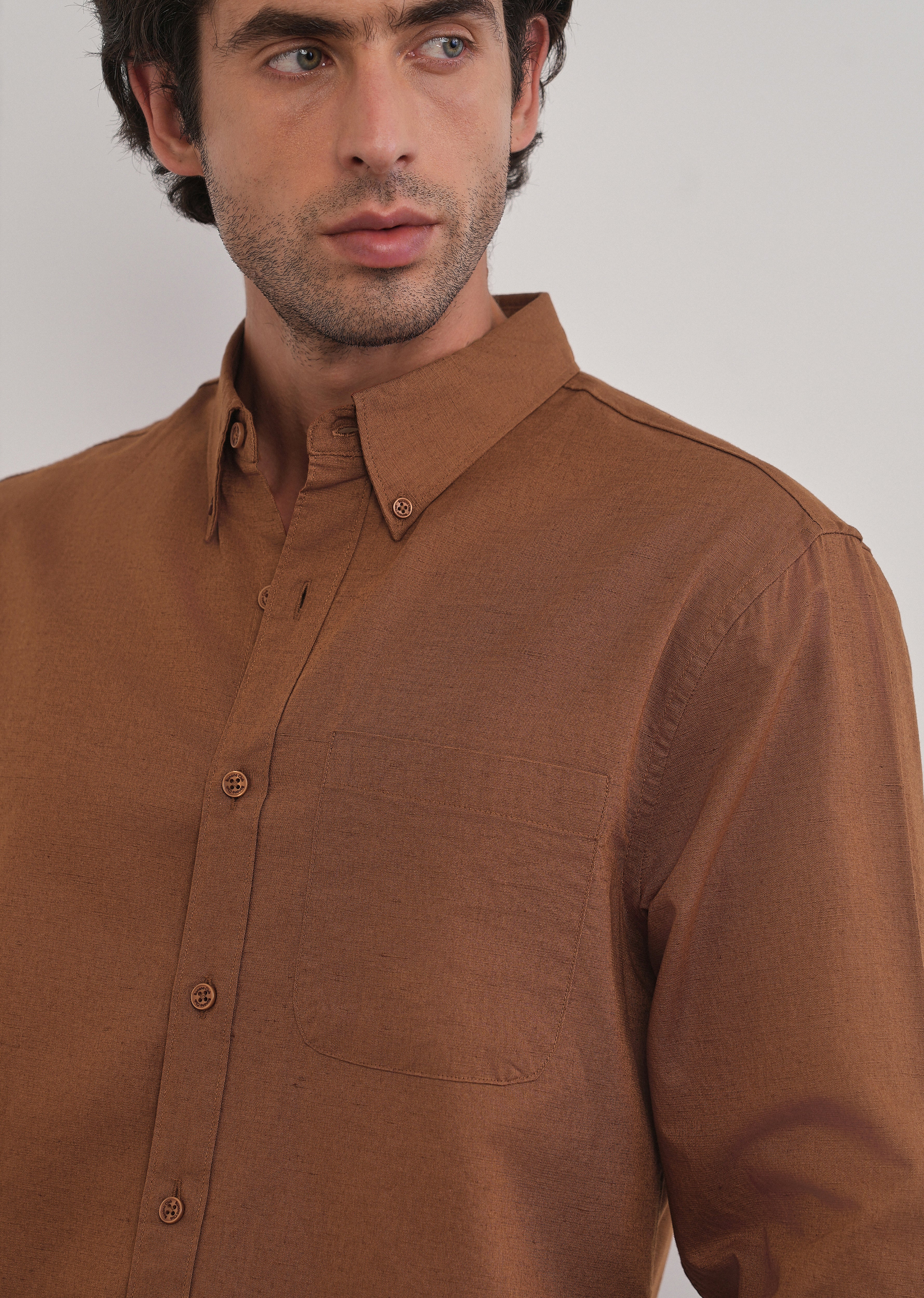 Terracotta Brown Cotton Linen Plain Shirt - Image 5