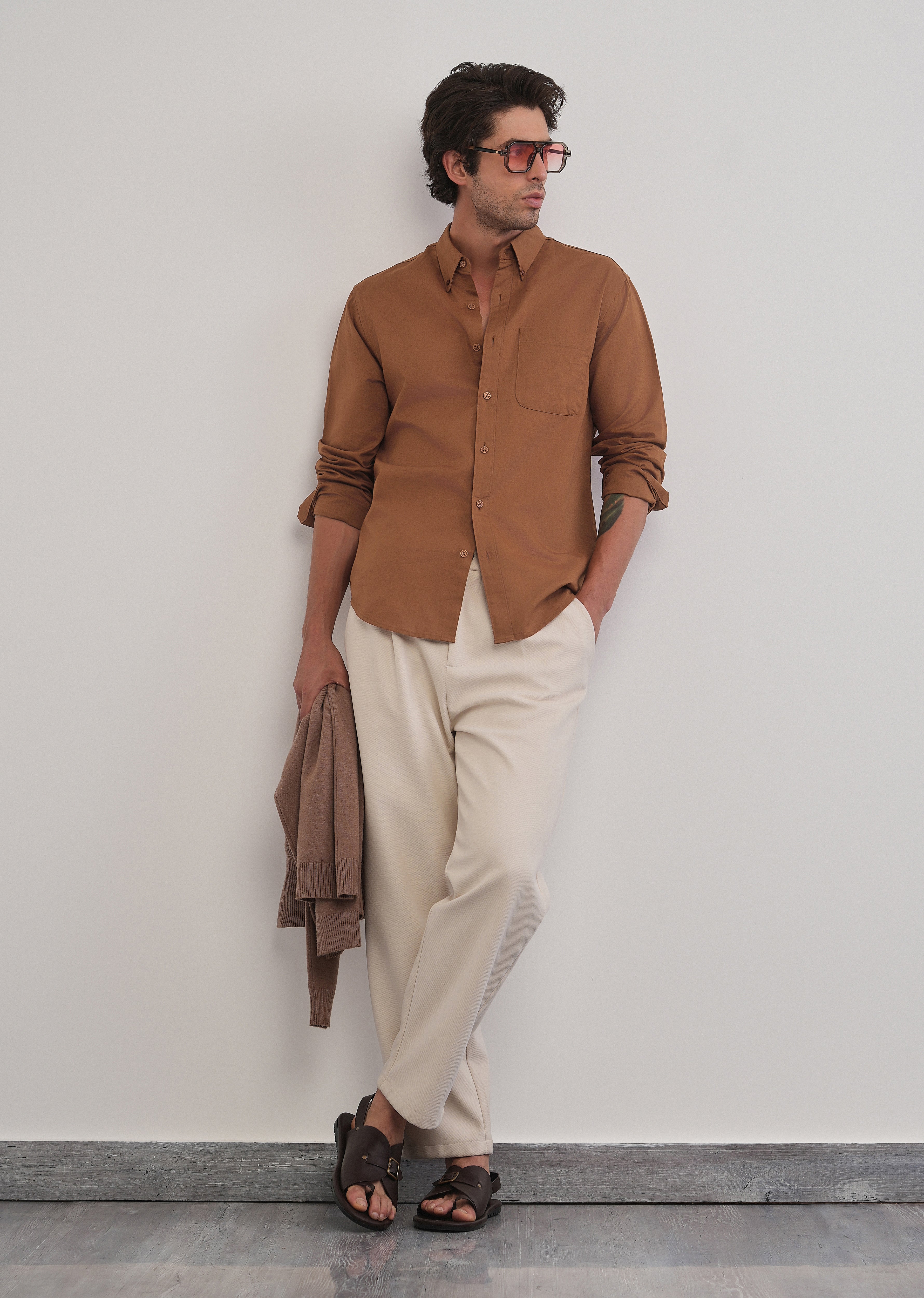 Terracotta Brown Cotton Linen Plain Shirt - Image 6