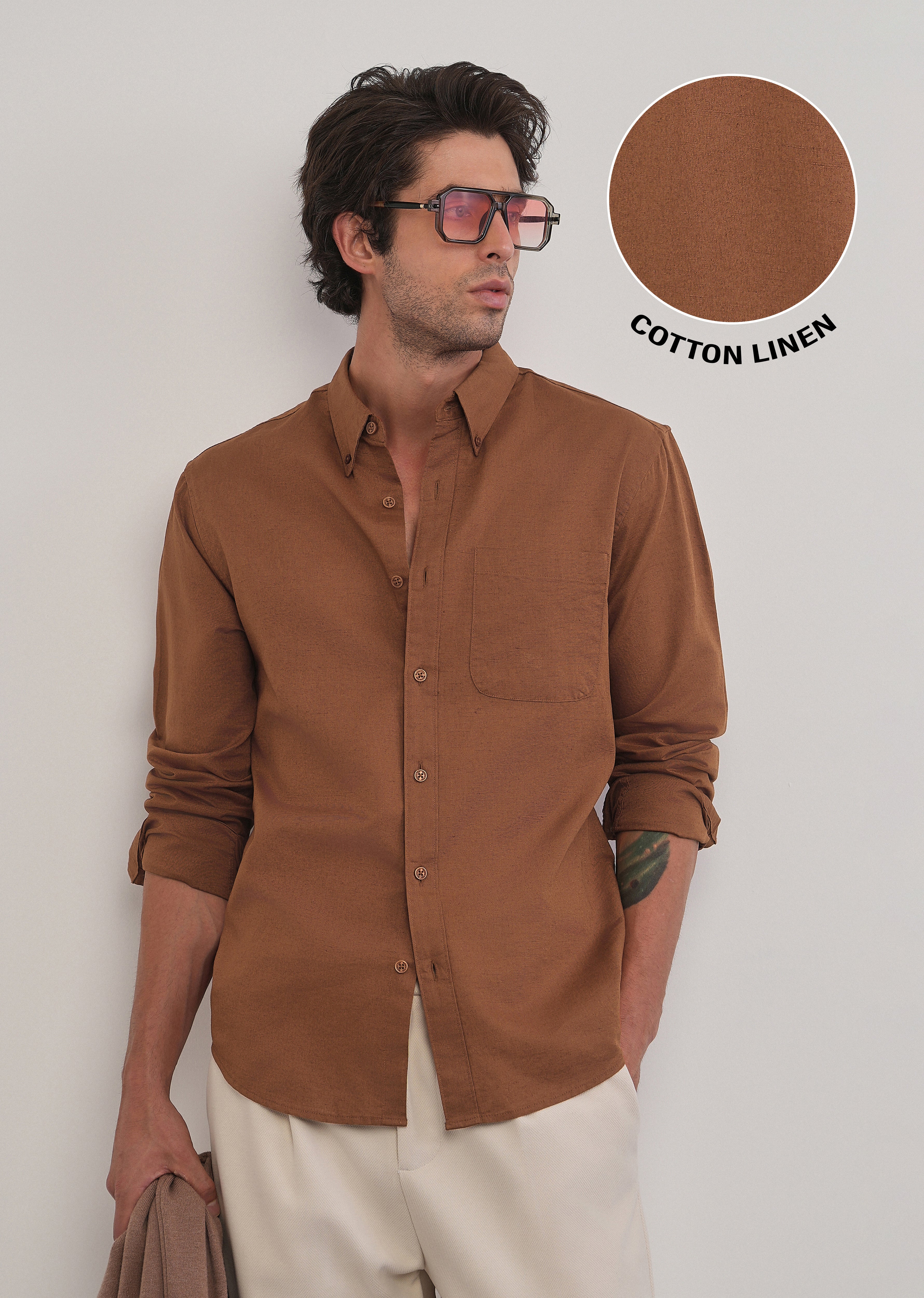 Terracotta Brown Cotton Linen Plain Shirt - Image 7