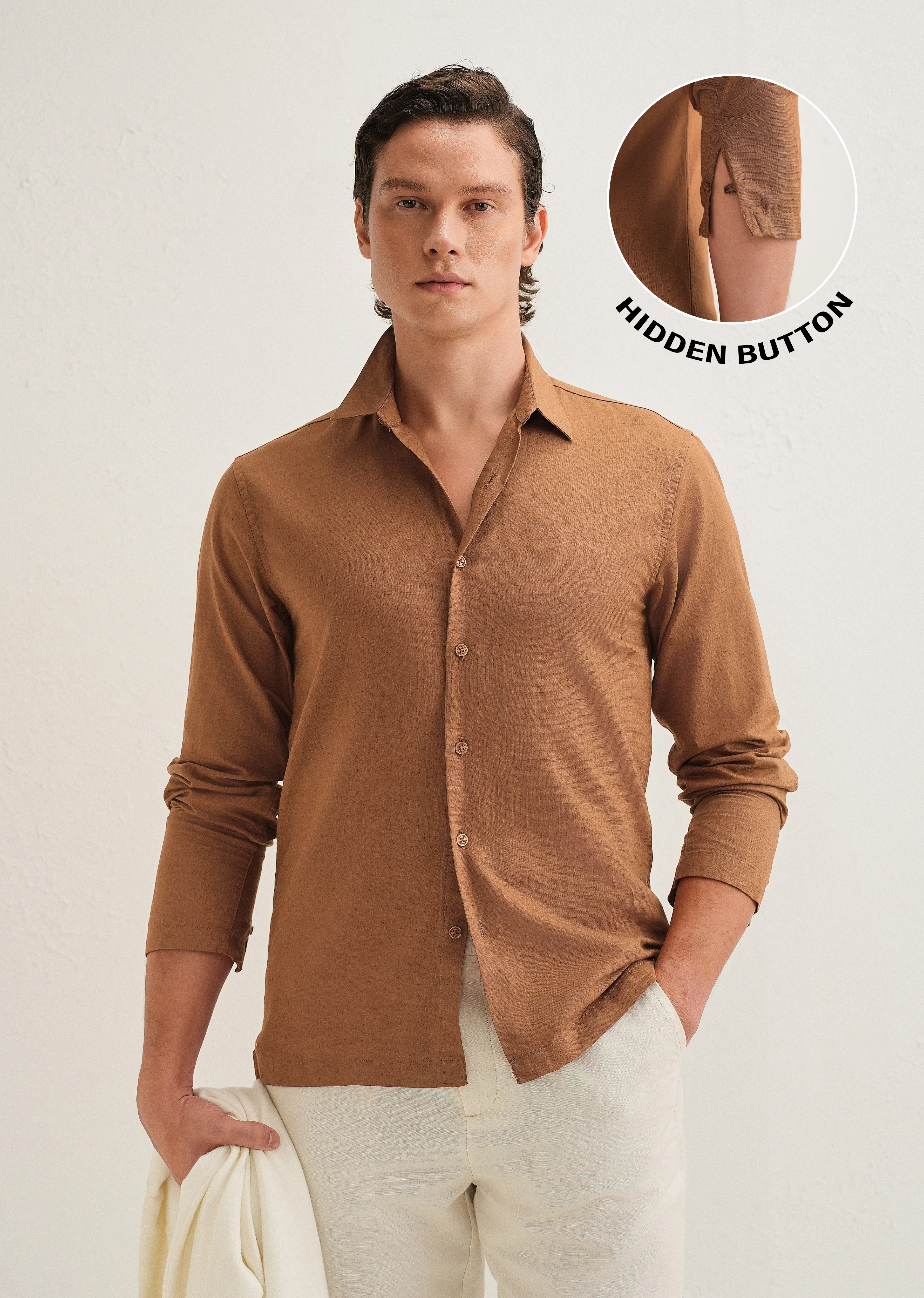 Terracotta Brown Hidden Sleeve Placket Cotton Linen Shirt - Image 2