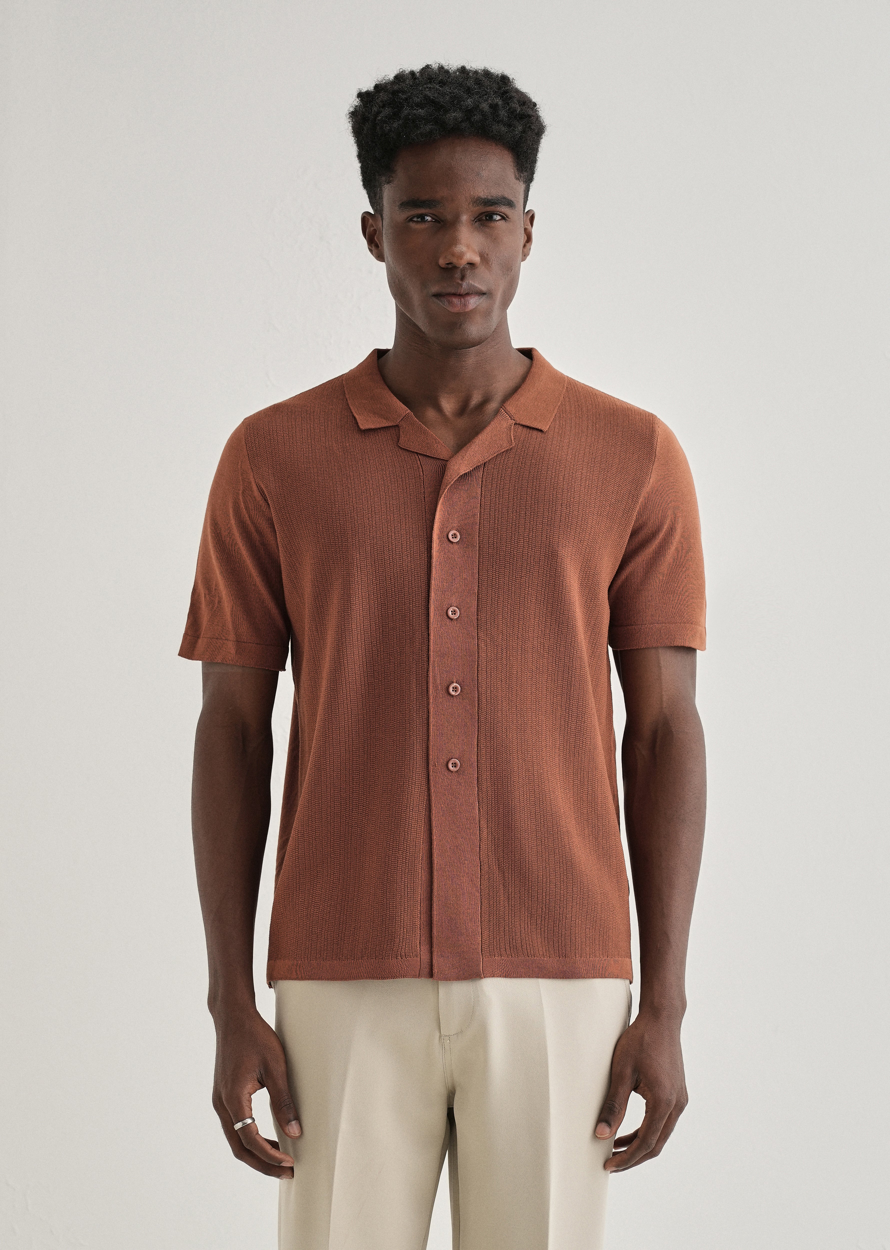Terracotta Cuban Collar Knitted Shirt - Image 3