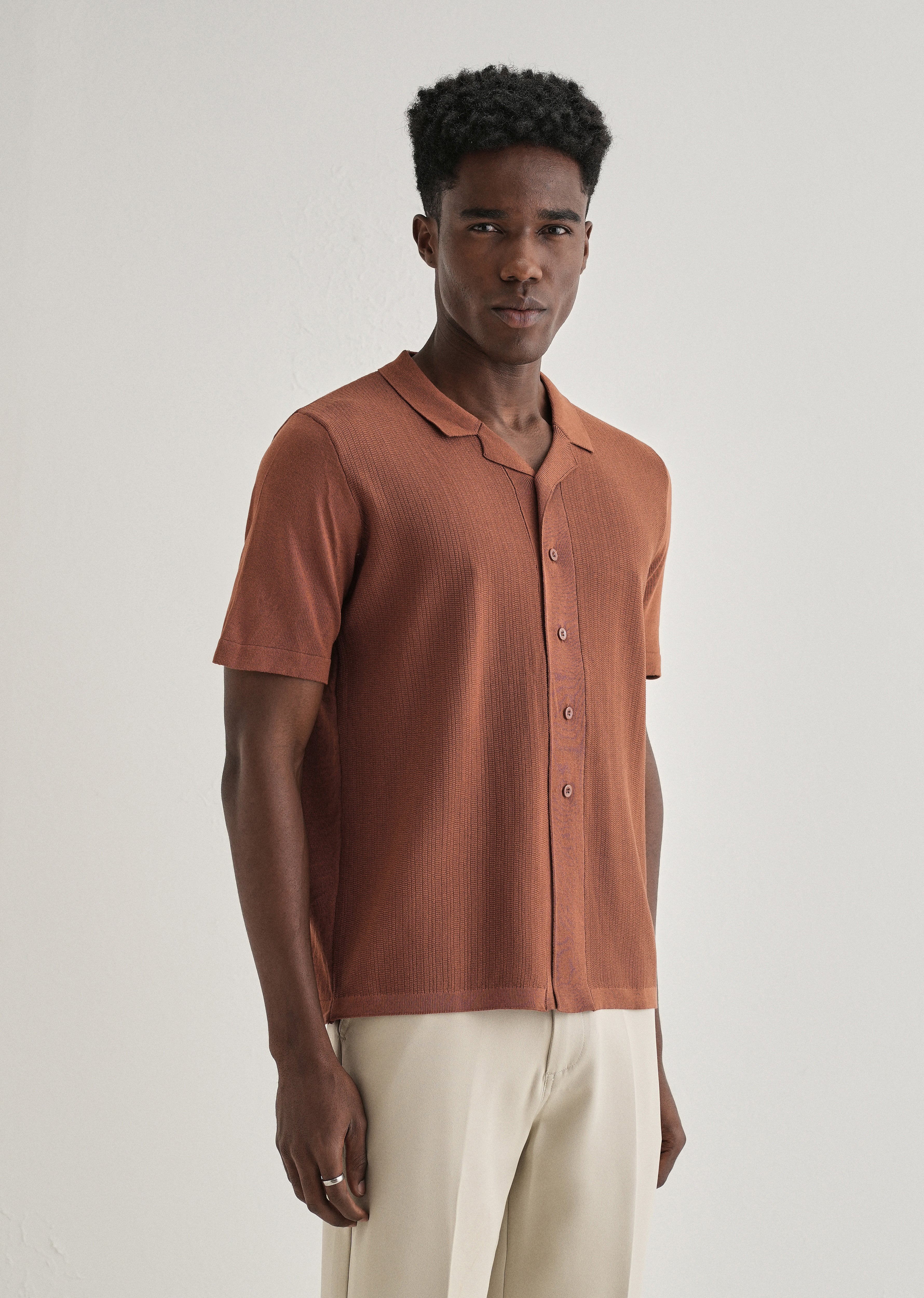 Terracotta Cuban Collar Knitted Shirt - Image 4