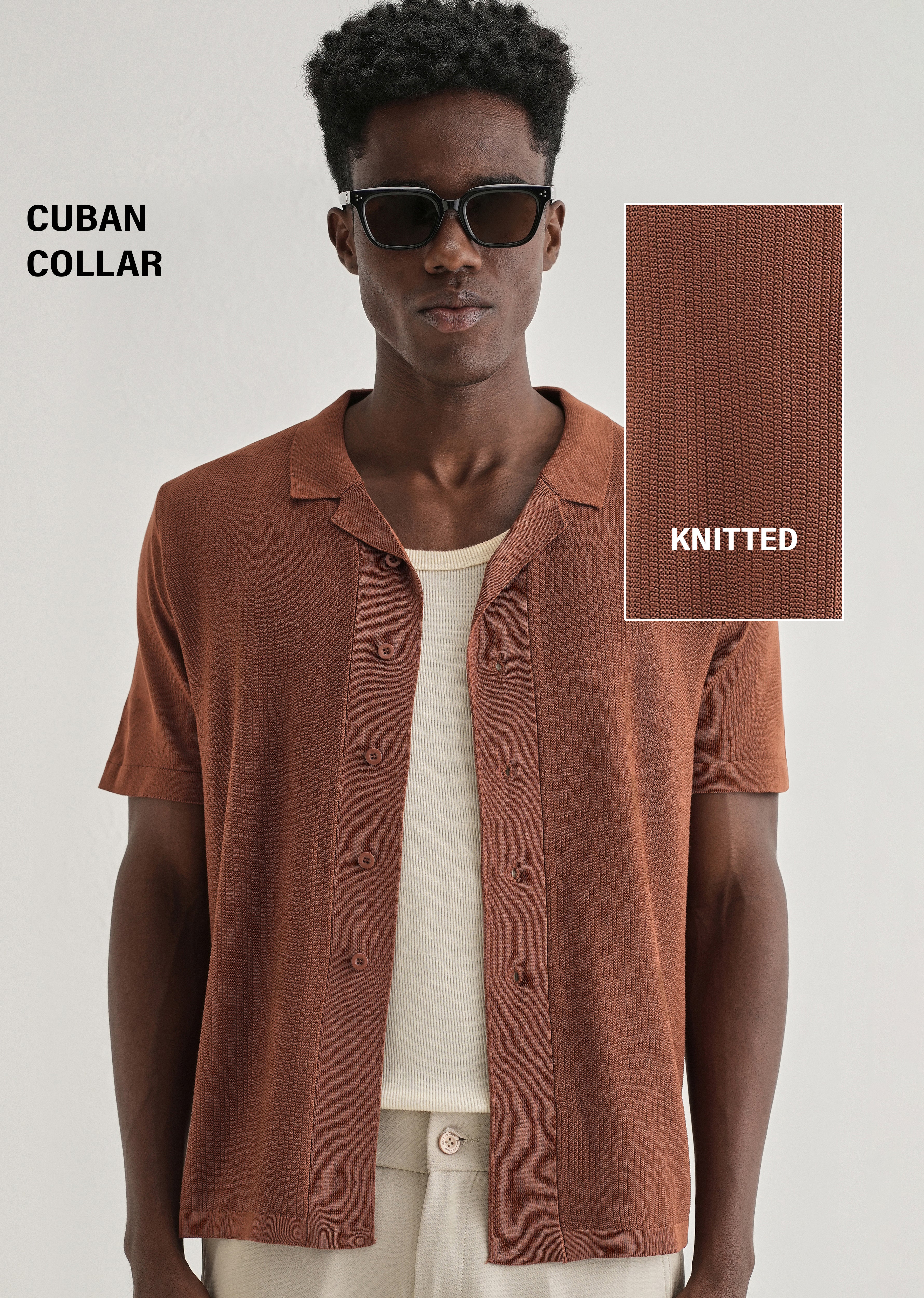 Terracotta Cuban Collar Knitted Shirt - Image 7