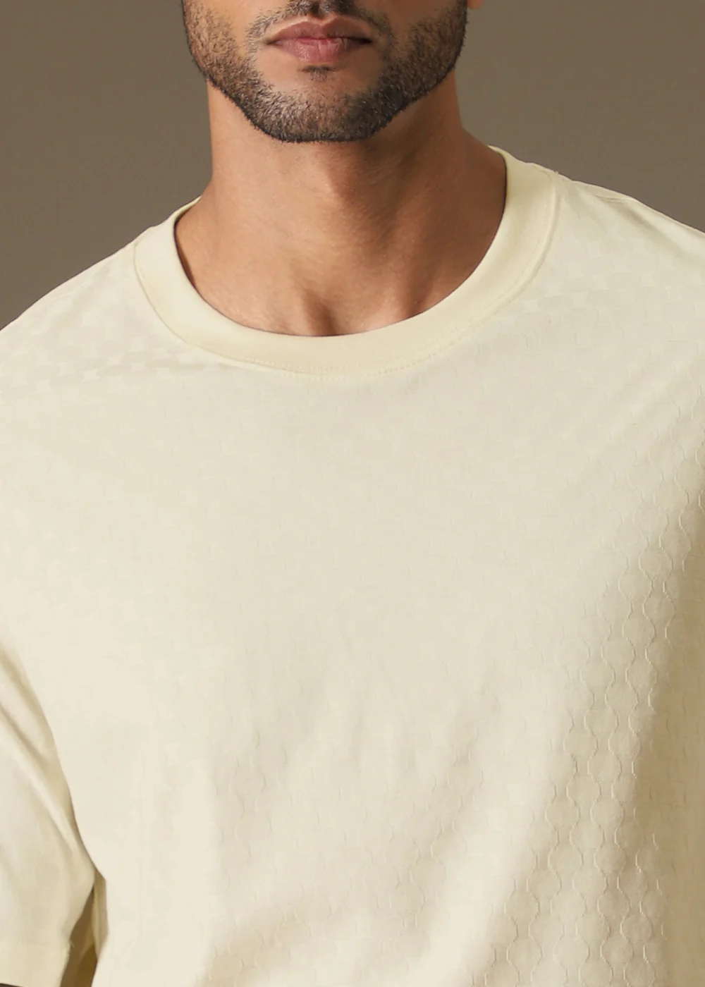 Textured Cream Plain Oversized T-shirt - Image 2