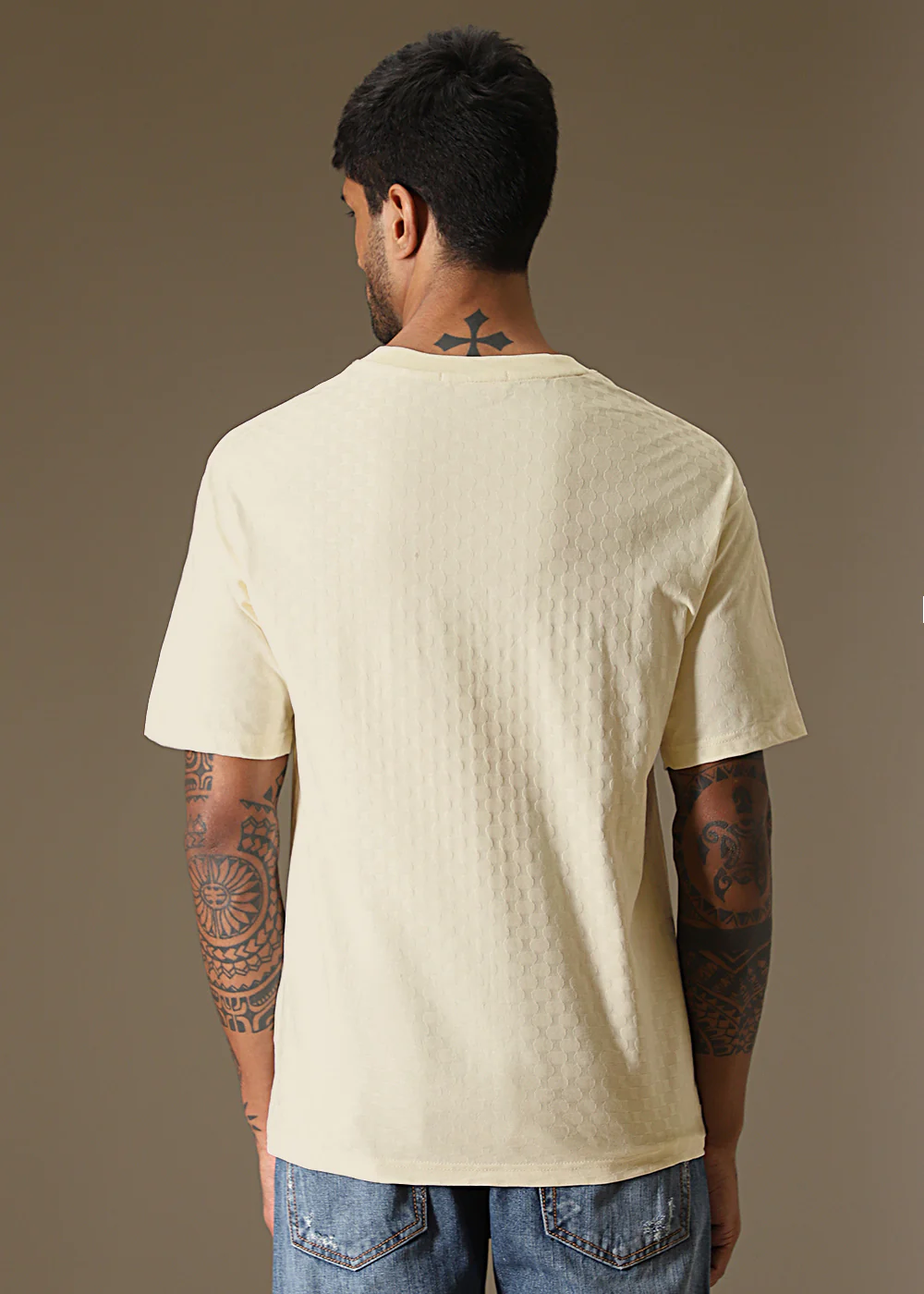 Textured Cream Plain Oversized T-shirt - Image 4