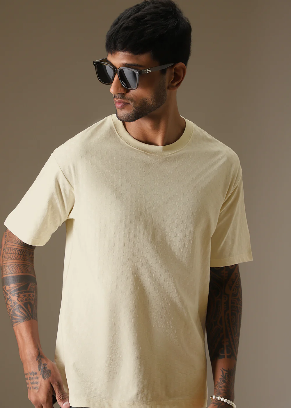 Textured Cream Plain Oversized T-shirt - Image 5