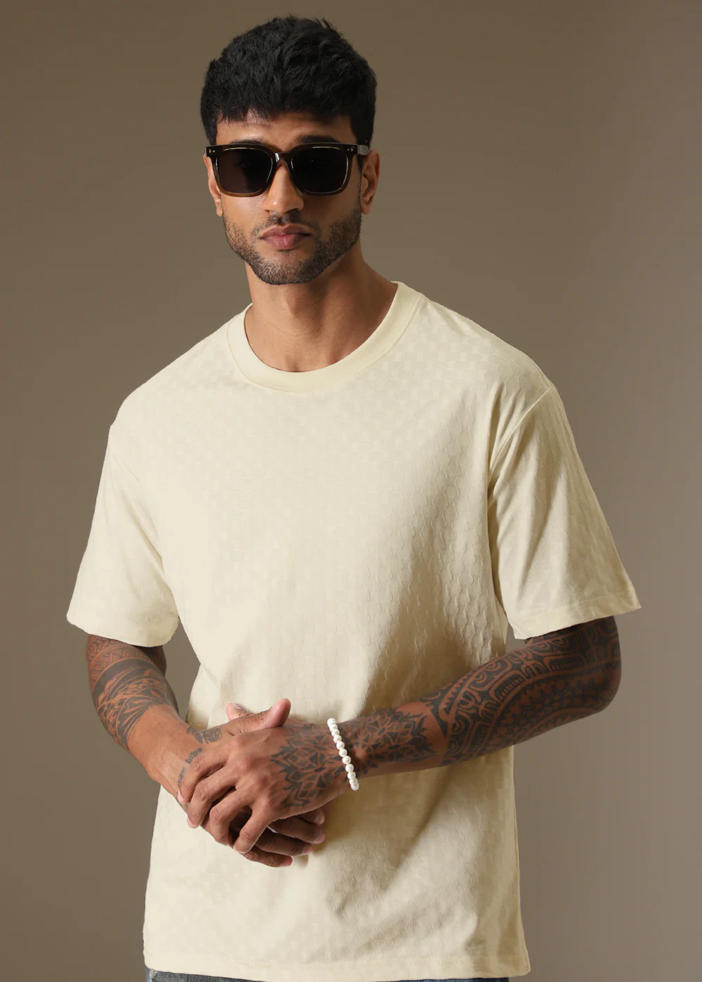Textured Cream Plain Oversized T-shirt - Image 6