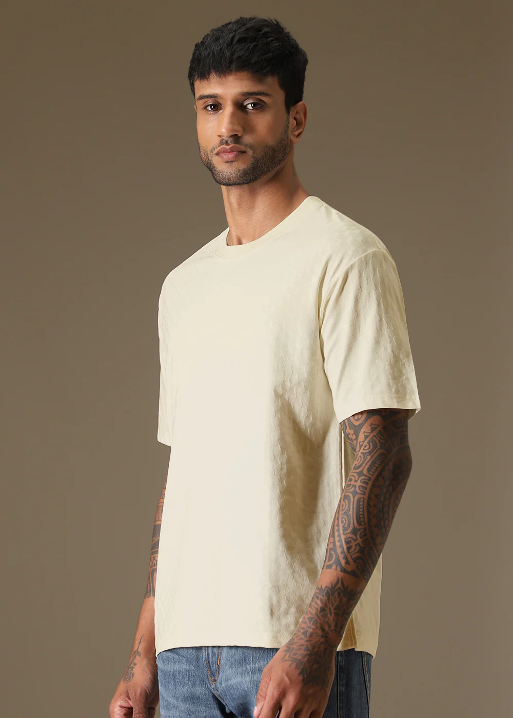 Textured Cream Plain Oversized T-shirt - Image 7