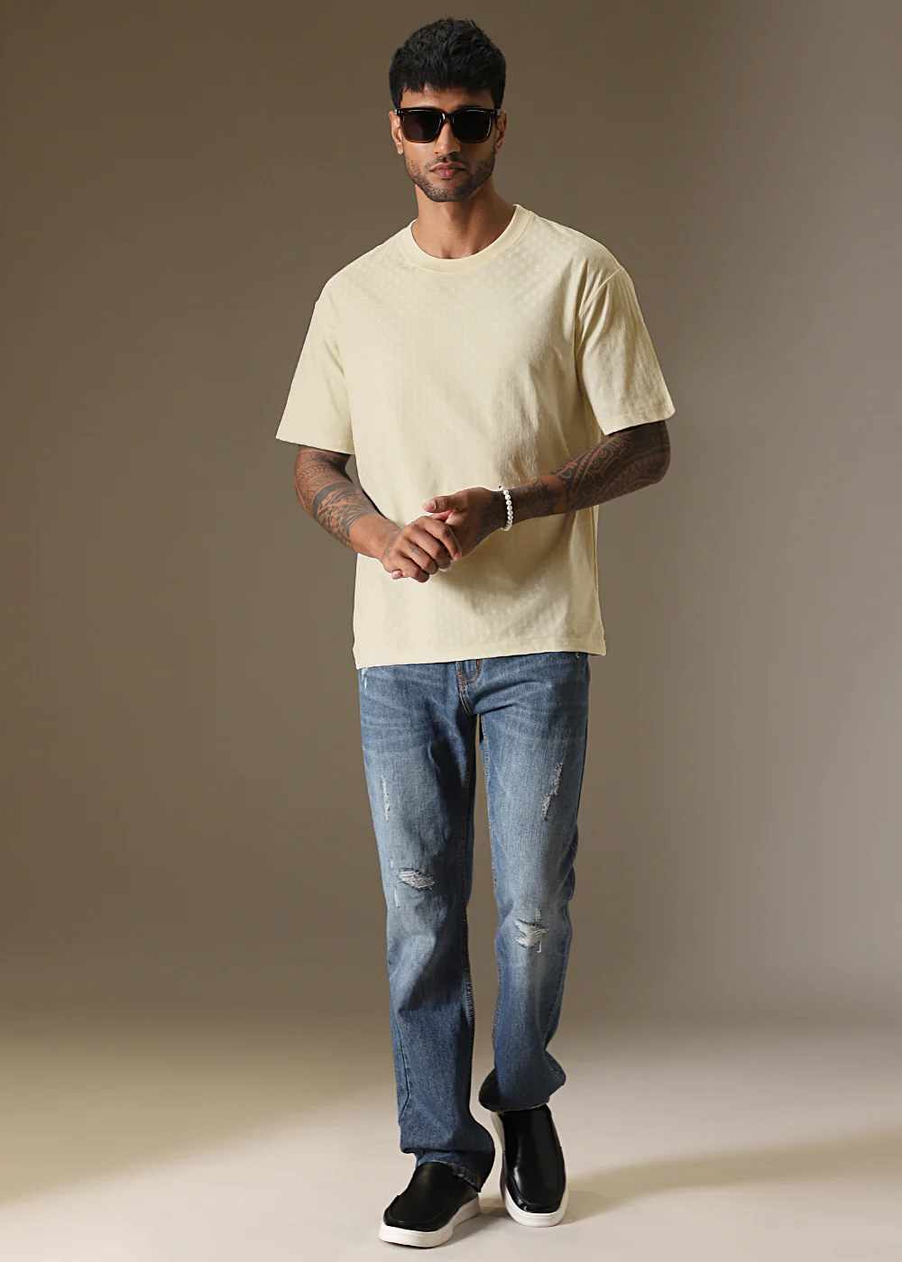 Textured Cream Plain Oversized T-shirt - Image 8