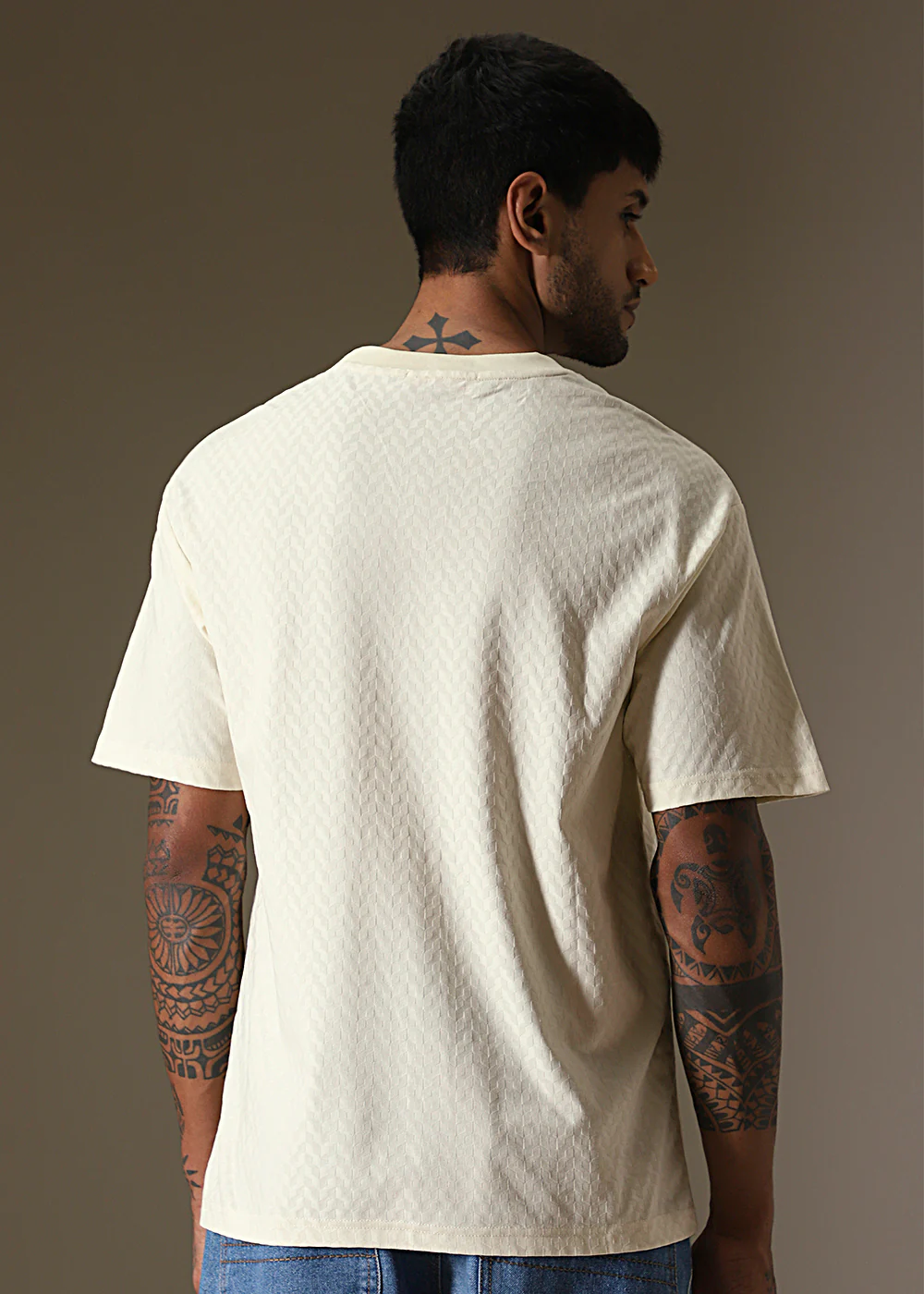 Textured Off White Plain Oversized T-shirt - Image 4