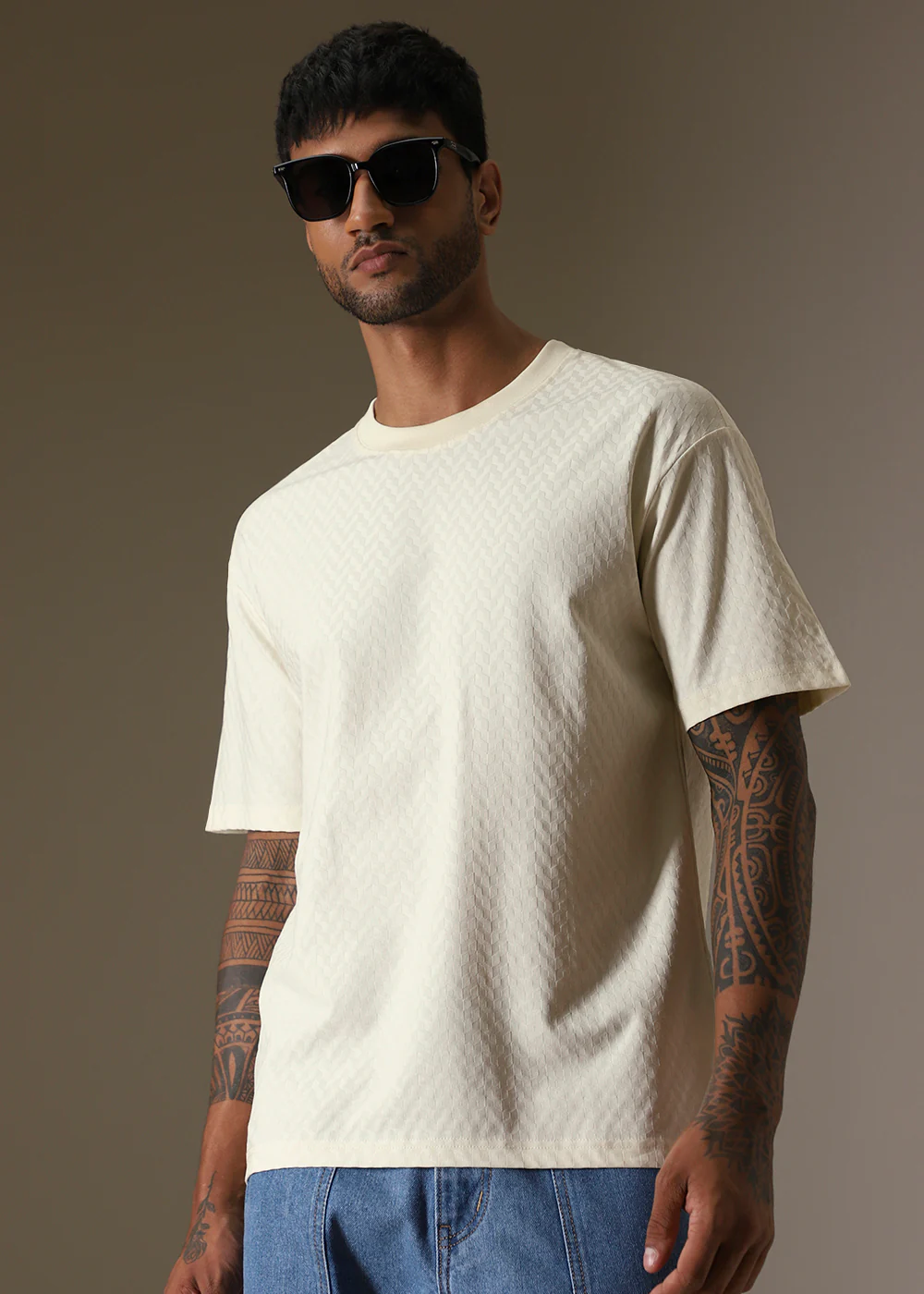 Textured Off White Plain Oversized T-shirt - Image 5