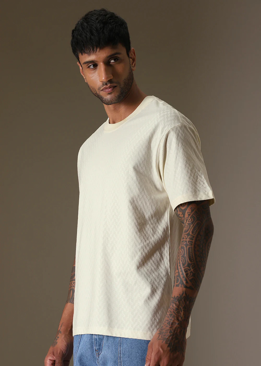 Textured Off White Plain Oversized T-shirt - Image 7