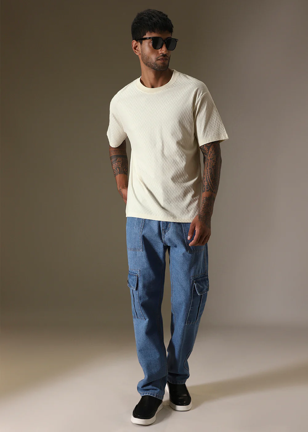Textured Off White Plain Oversized T-shirt - Image 8