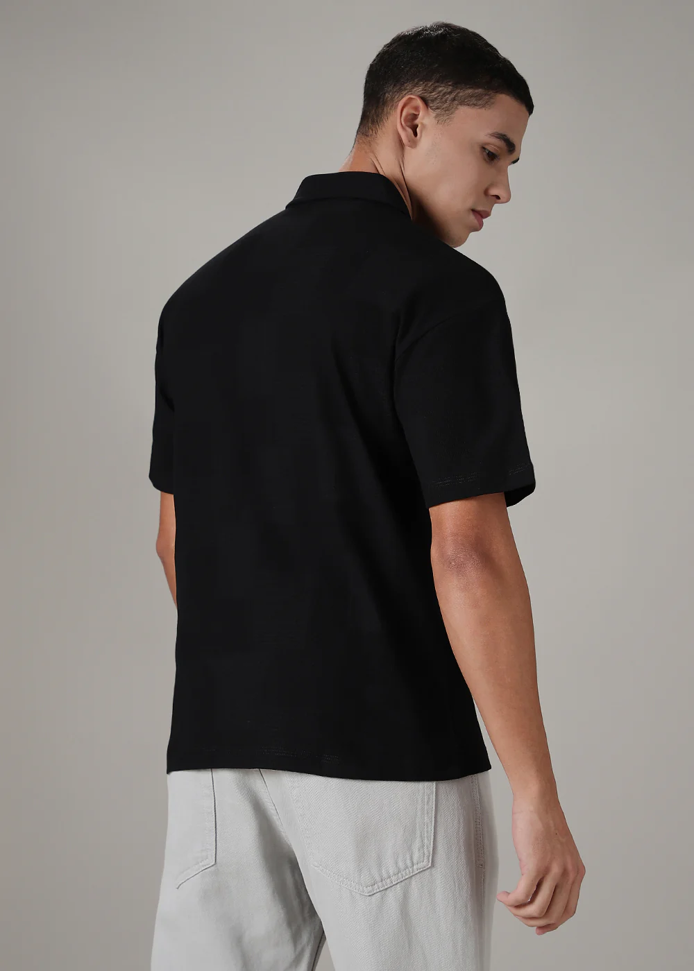 Textured Weave Black Plain Polo T-shirt - Image 4