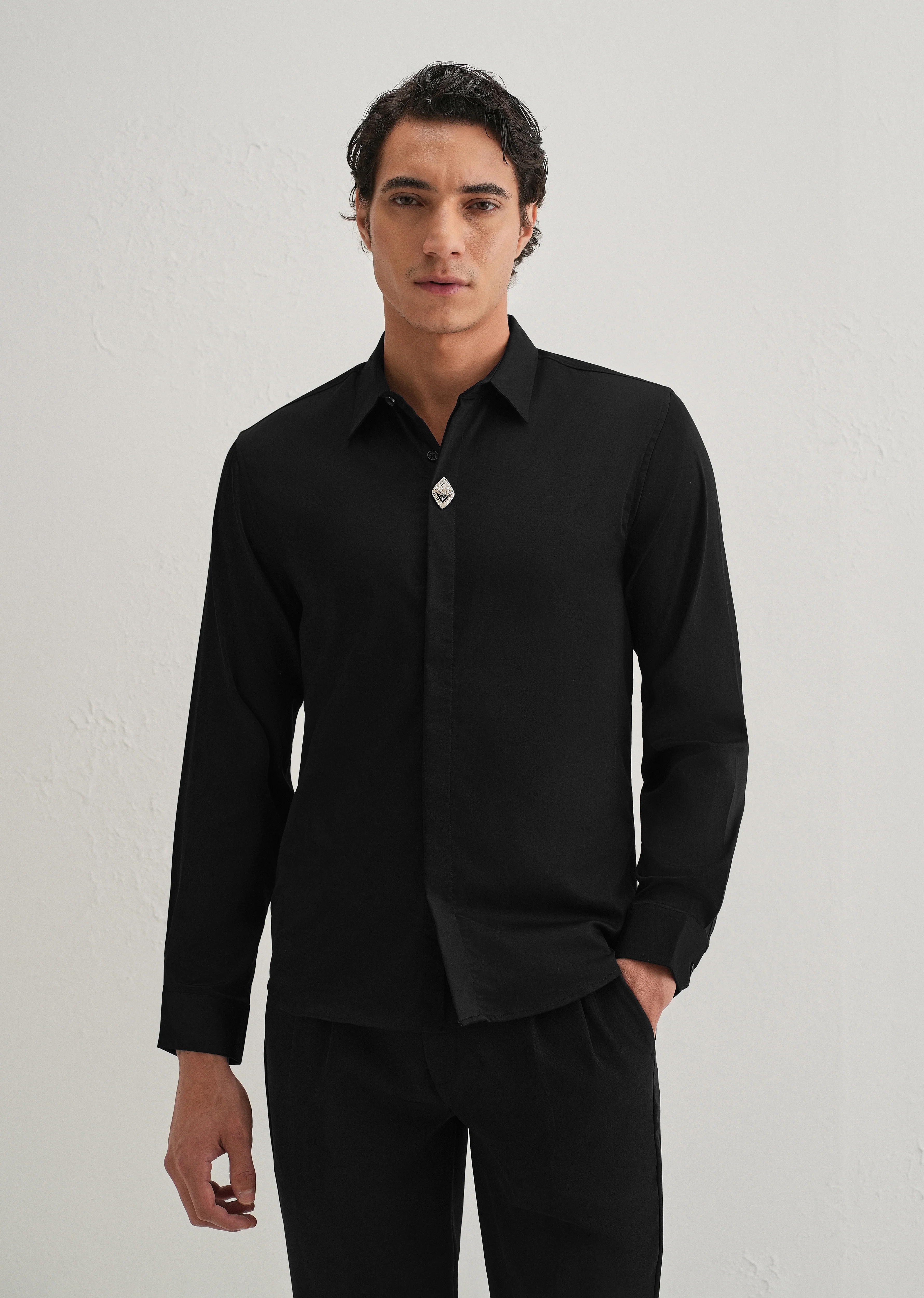 Twist Lock Button Black Designer Shirt - Image 3
