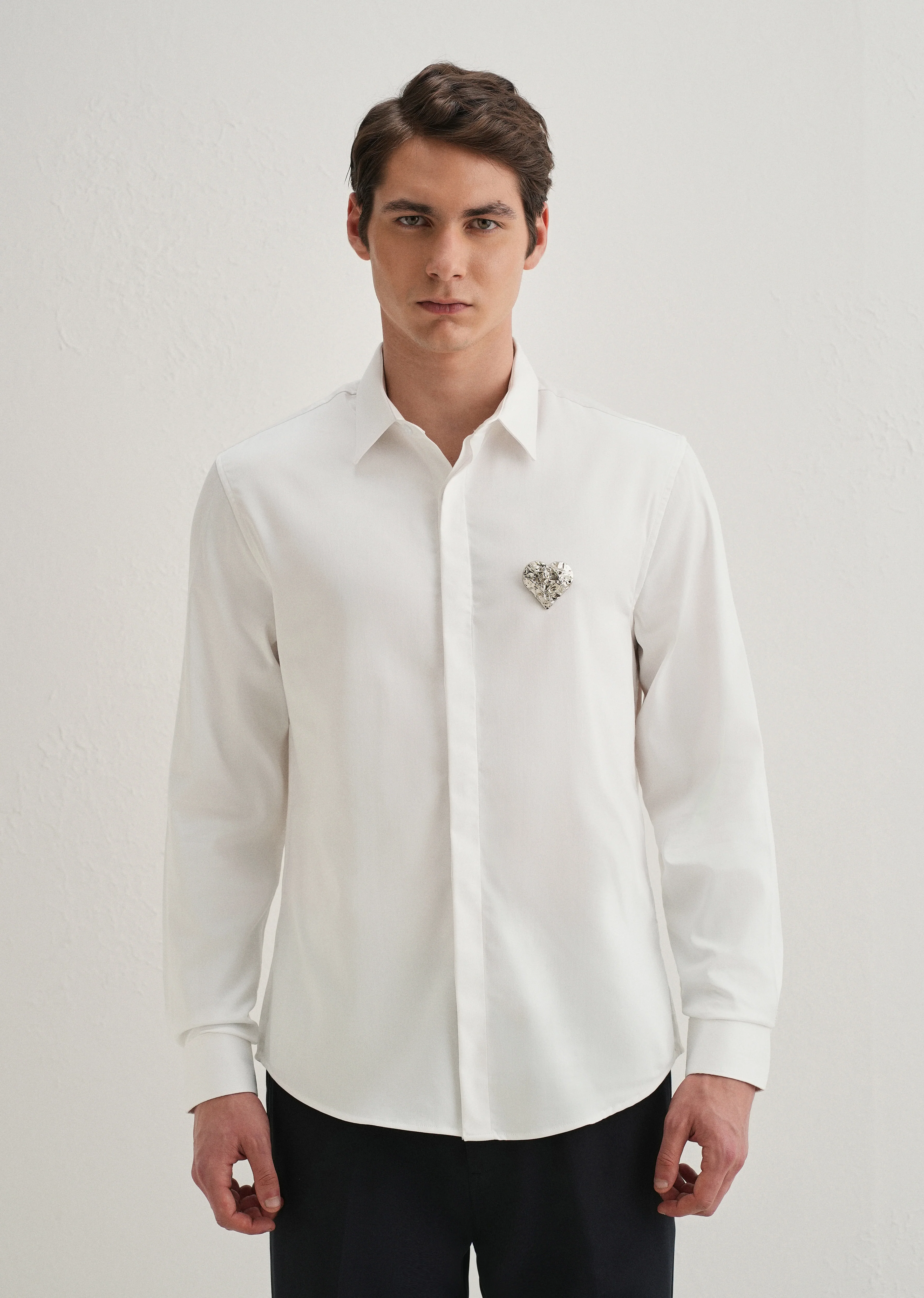 Valentine Heart Brooch White Designer Shirt - Image 3
