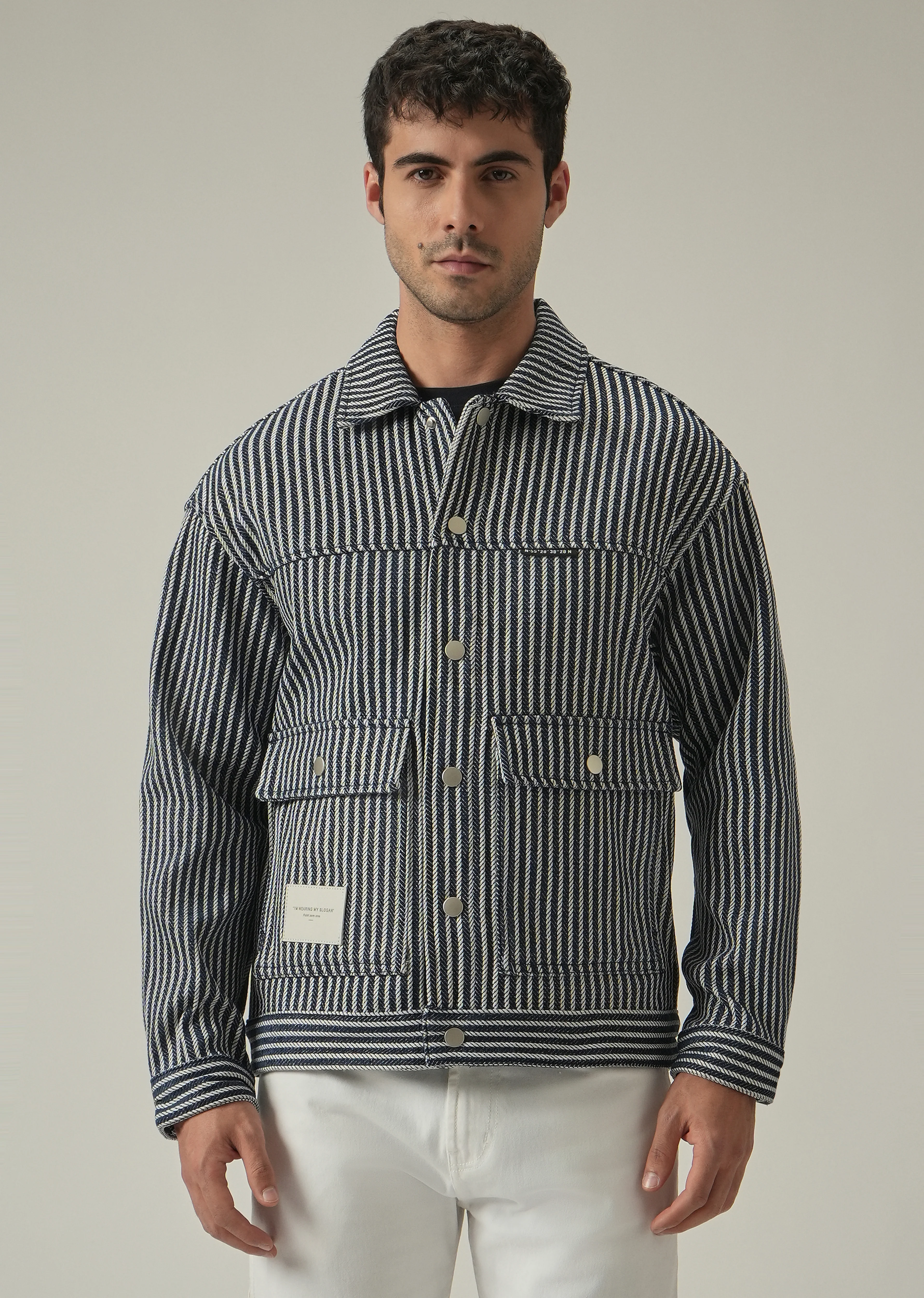 Vertical Striped Denim Jacquard Jacket - Image 3