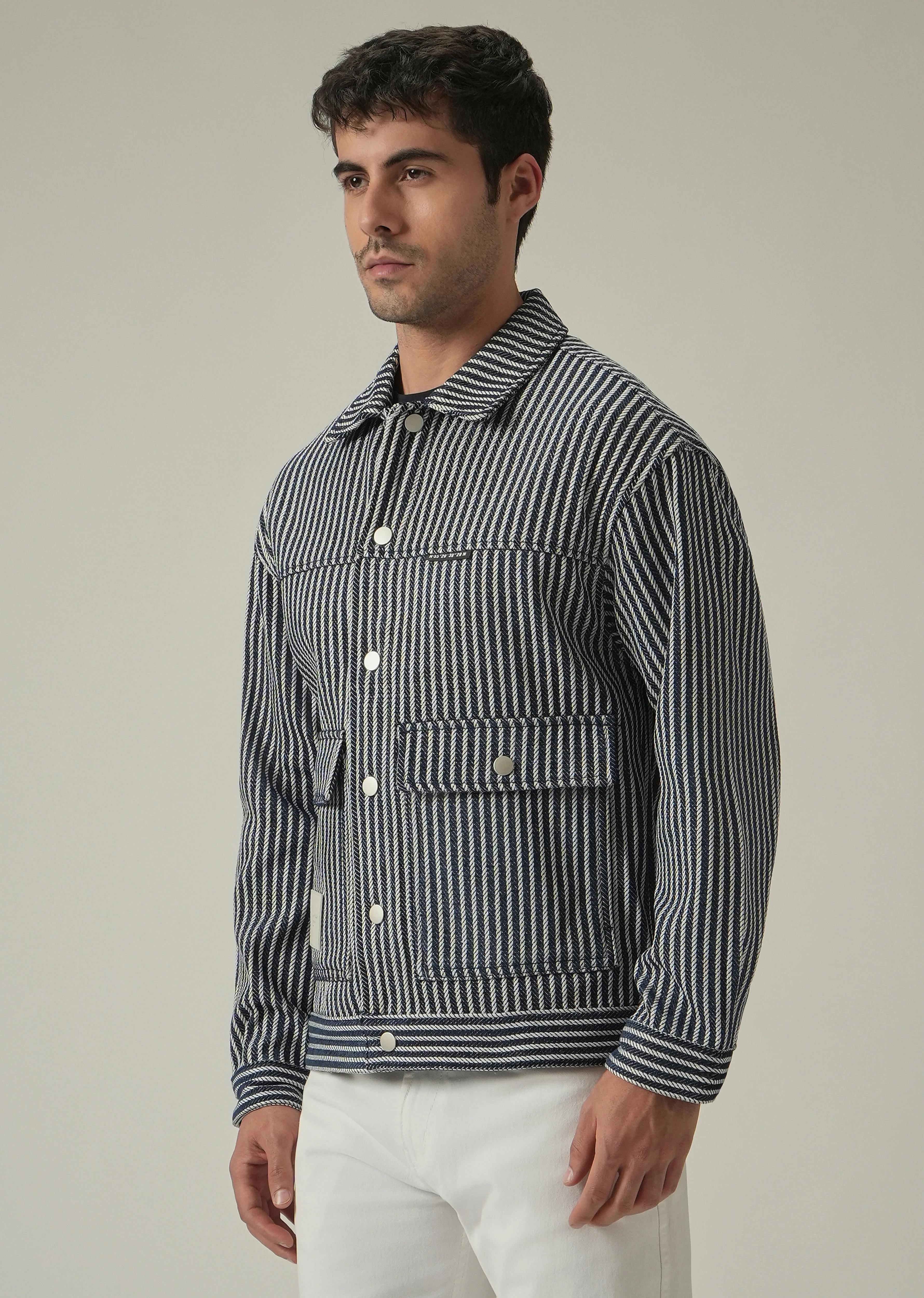 Vertical Striped Denim Jacquard Jacket - Image 4