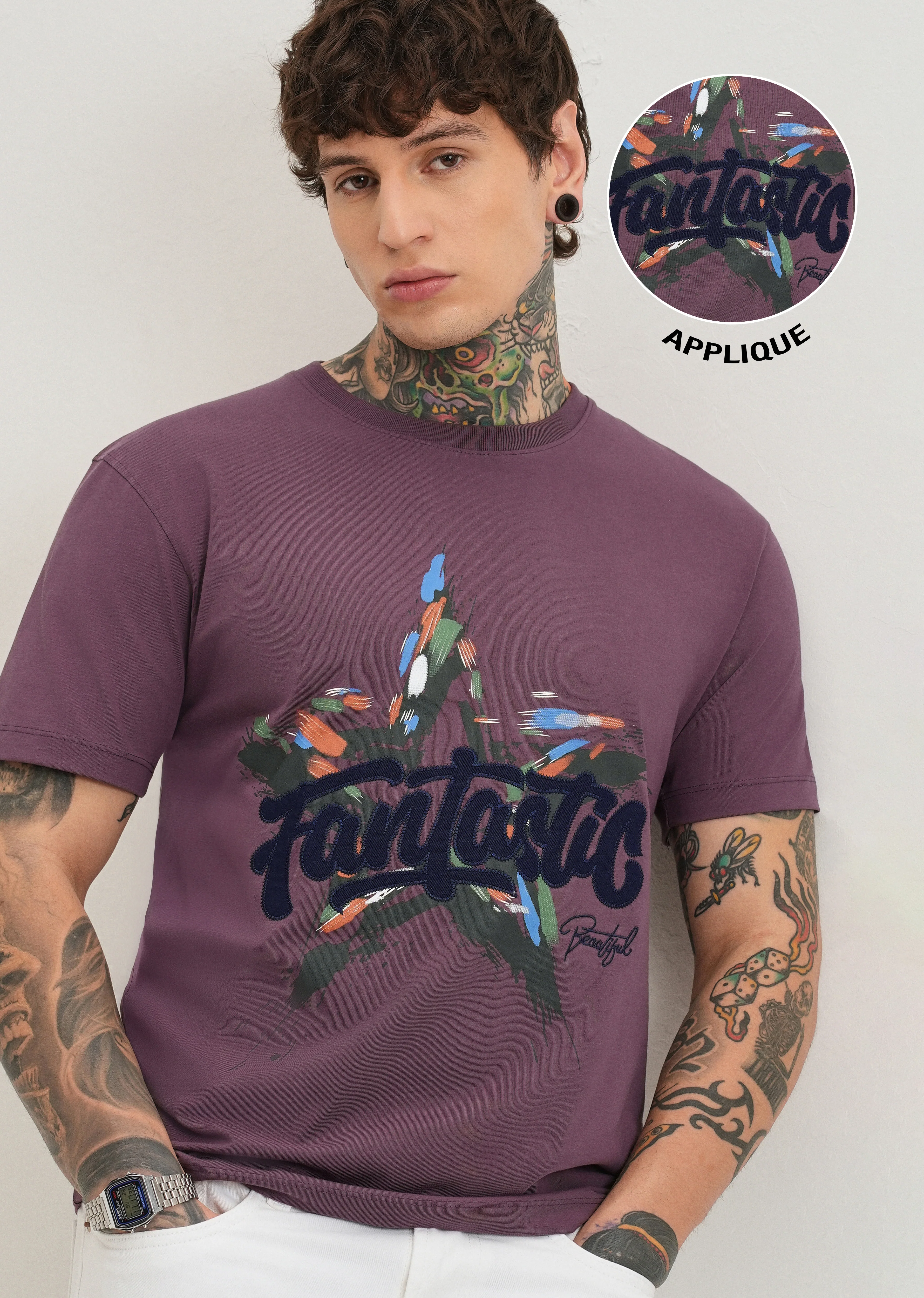 Violet Graphic Print Applique T-shirt - Image 7