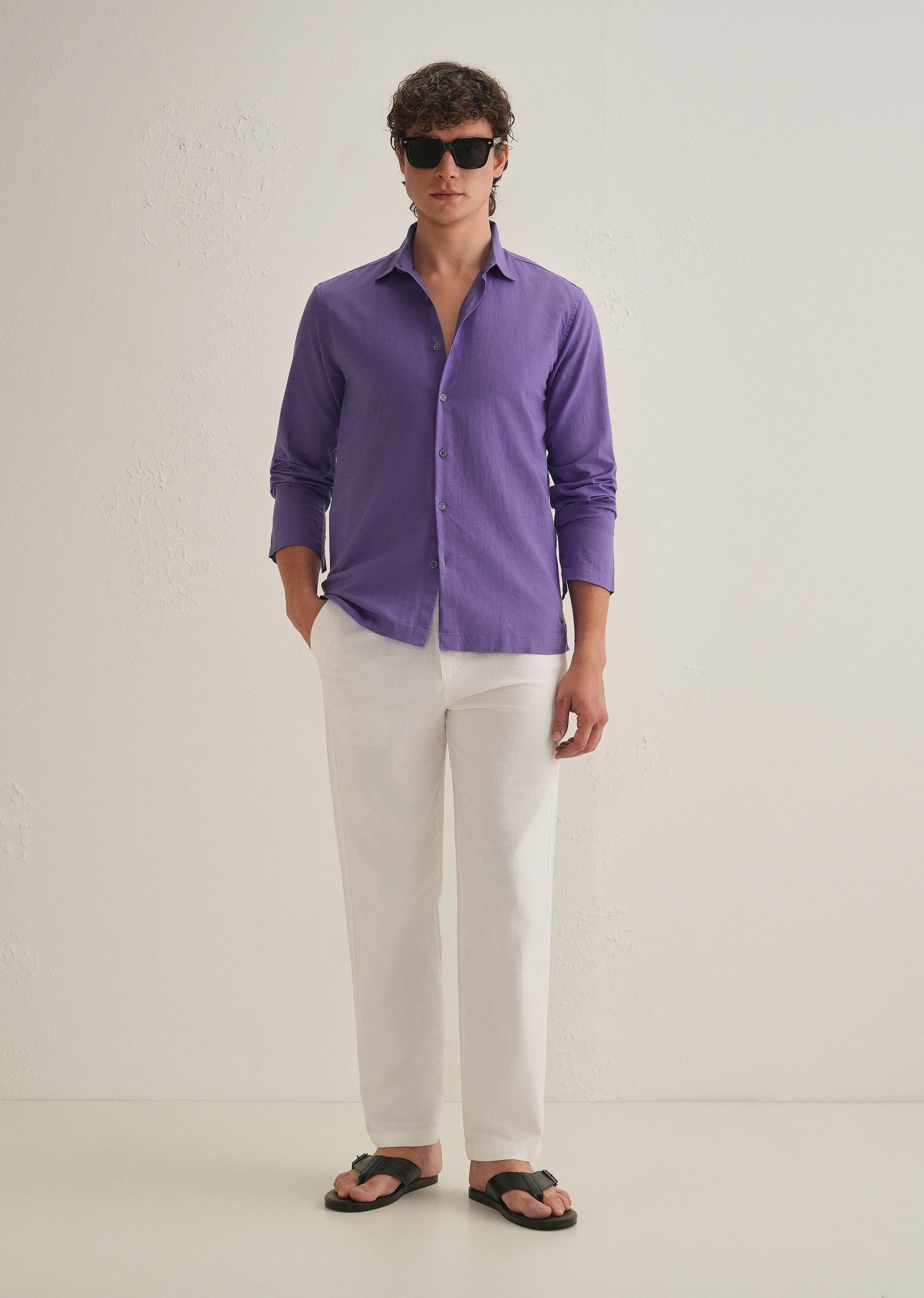 Violet Hidden Sleeve Placket Cotton Linen Shirt - Image 9