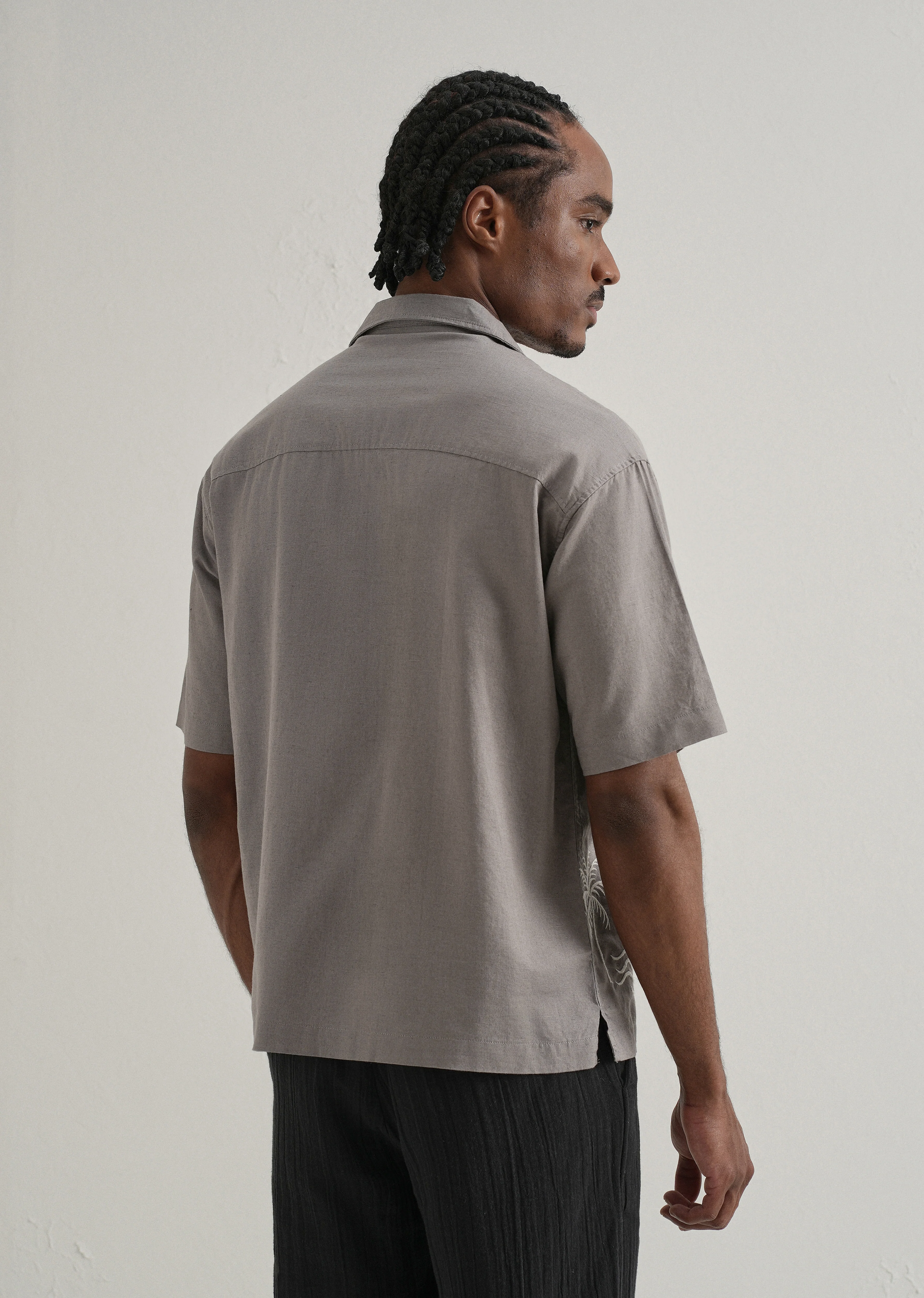 Warm Grey Embroidery Cuban Collar Shirt - Image 3