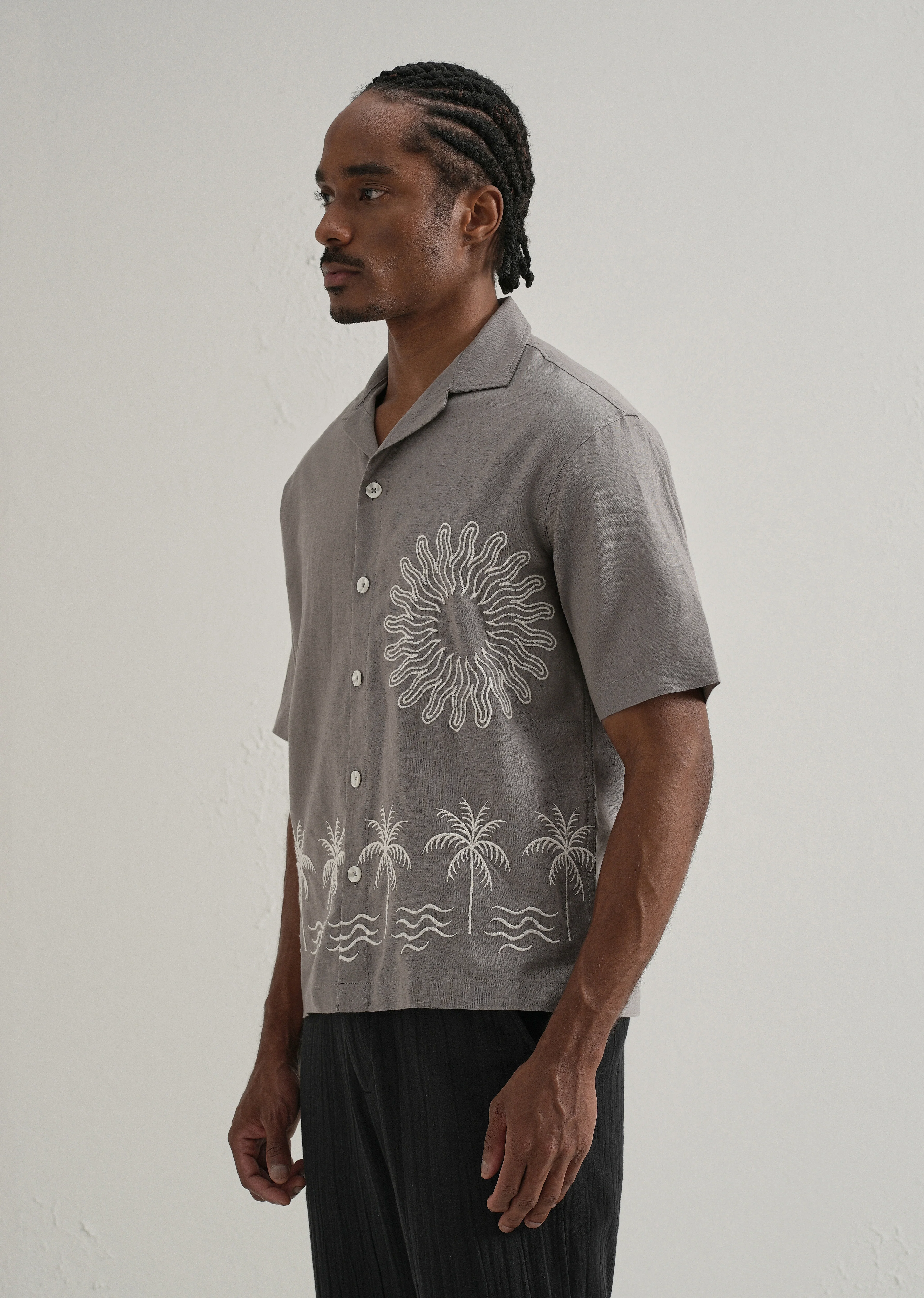 Warm Grey Embroidery Cuban Collar Shirt - Image 5