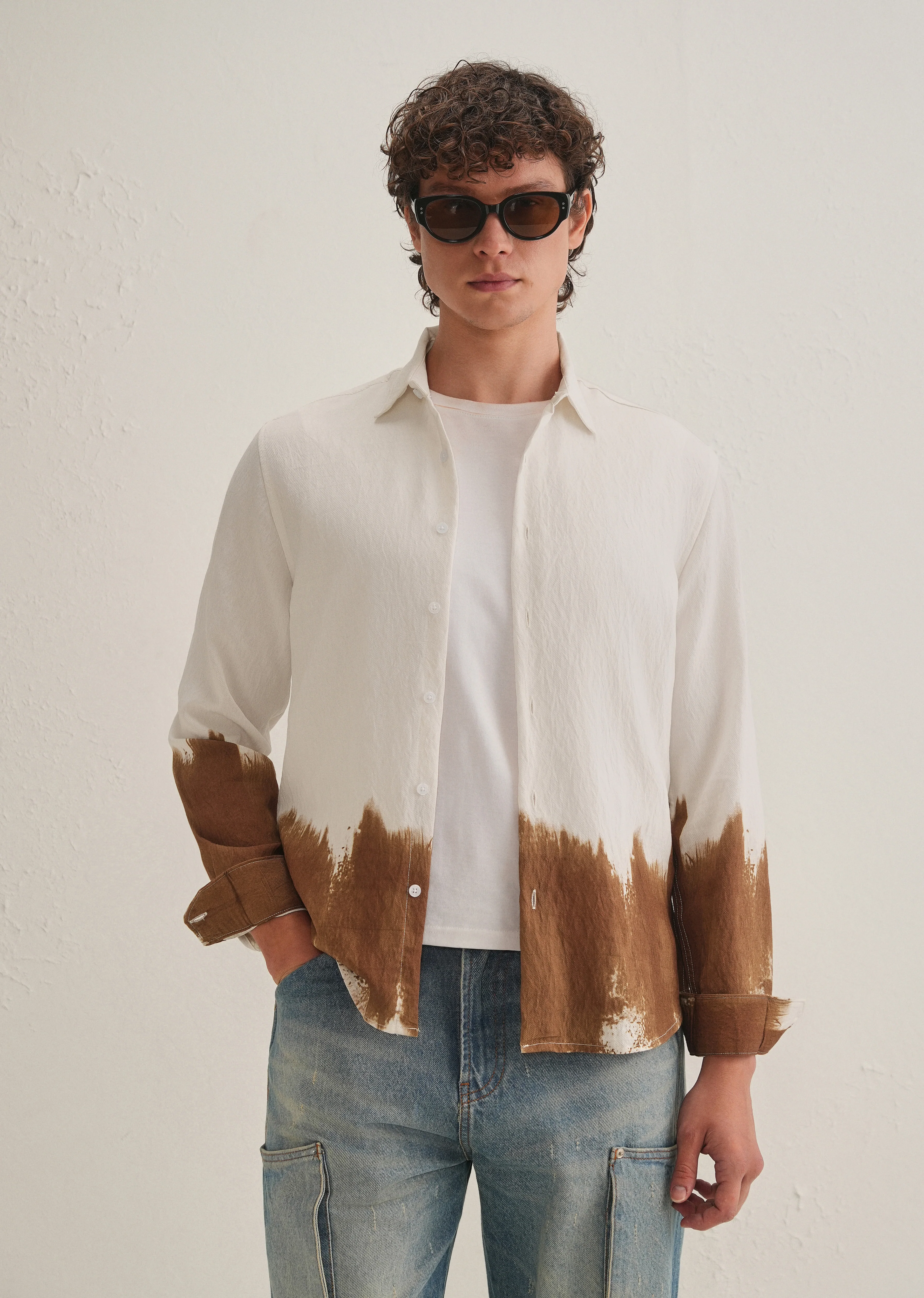 White & Brown Dip-Dyed Shirt - Image 2