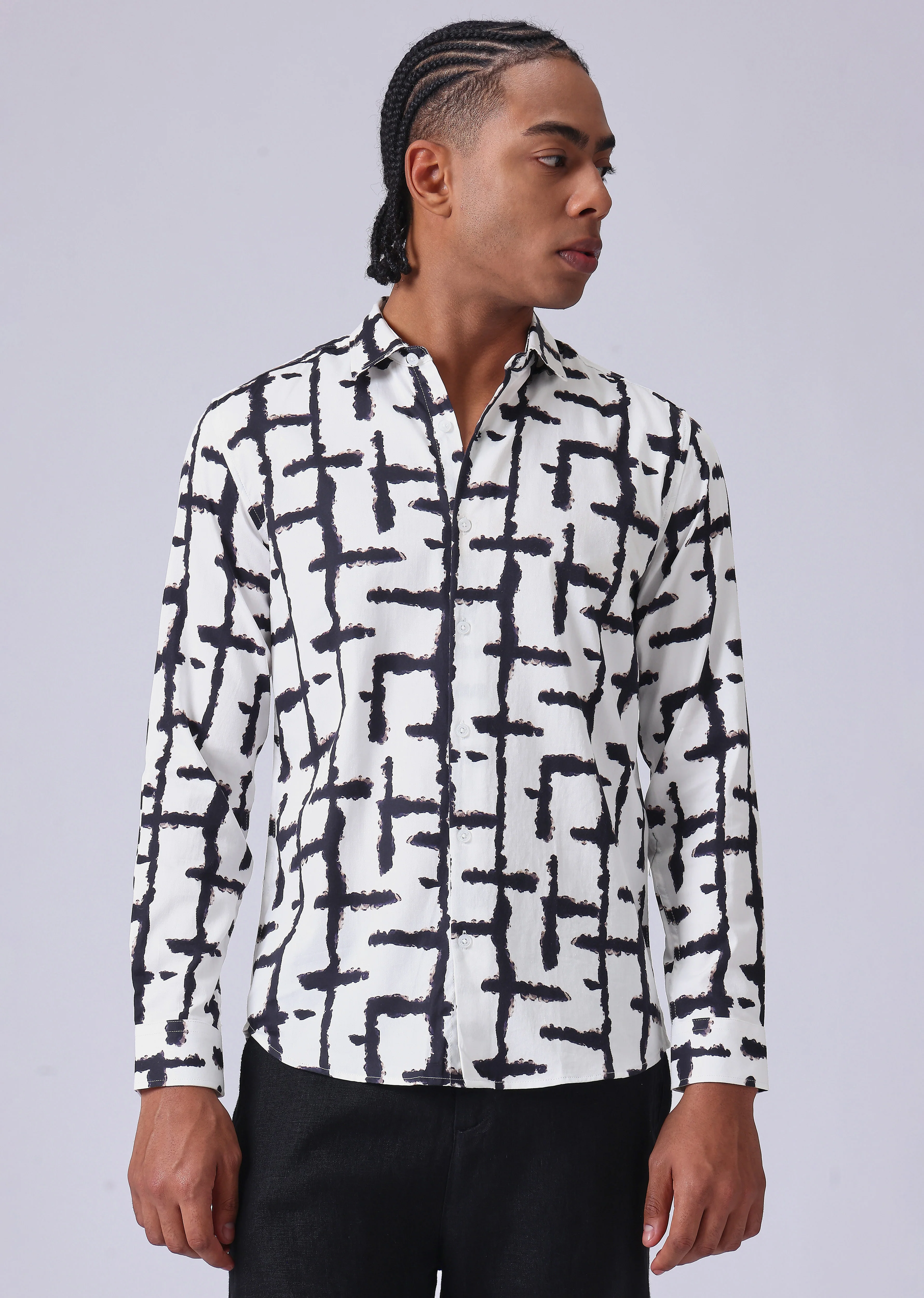 White Abstract Check Print Shirt - Image 3