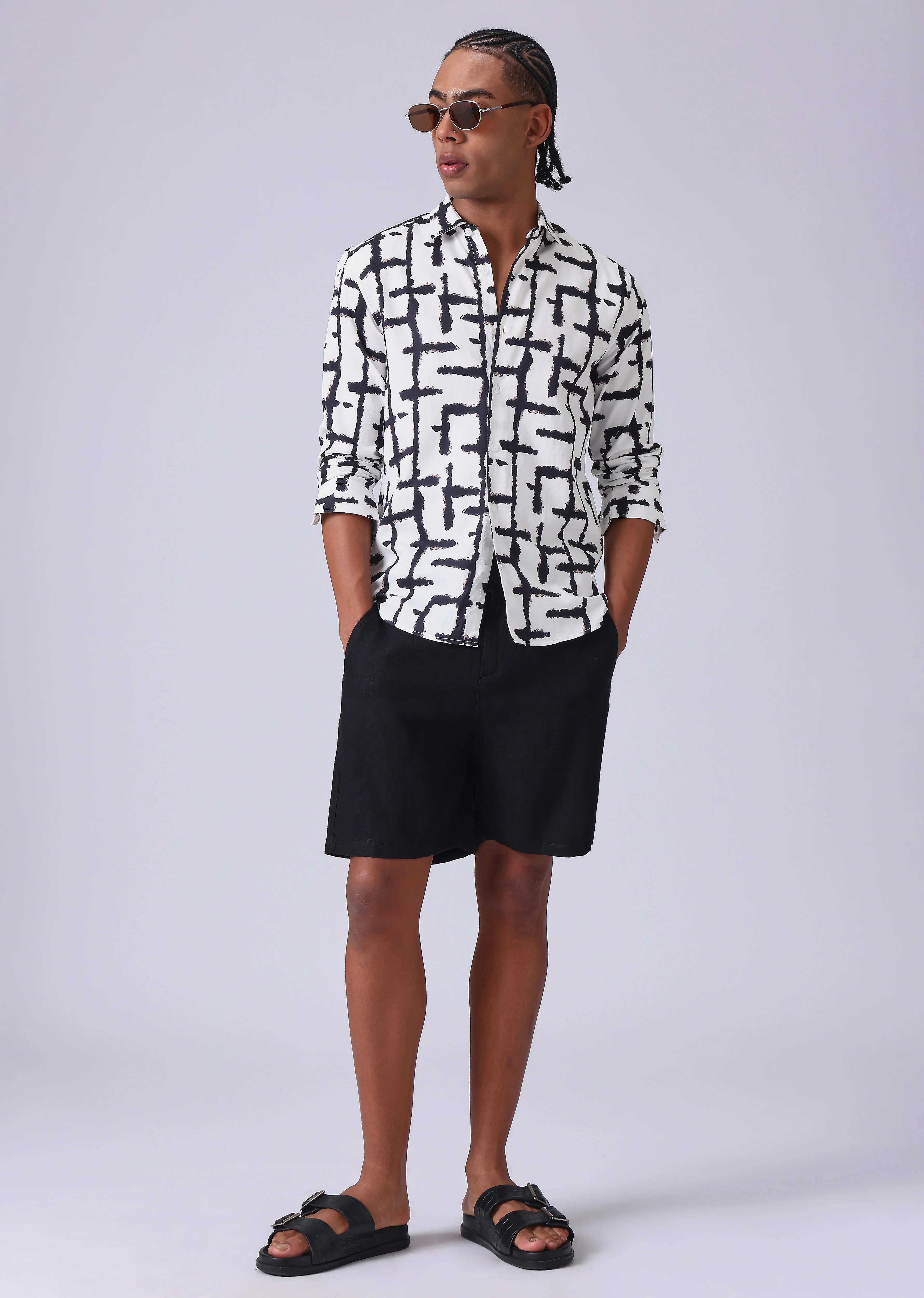 White Abstract Check Print Shirt - Image 6