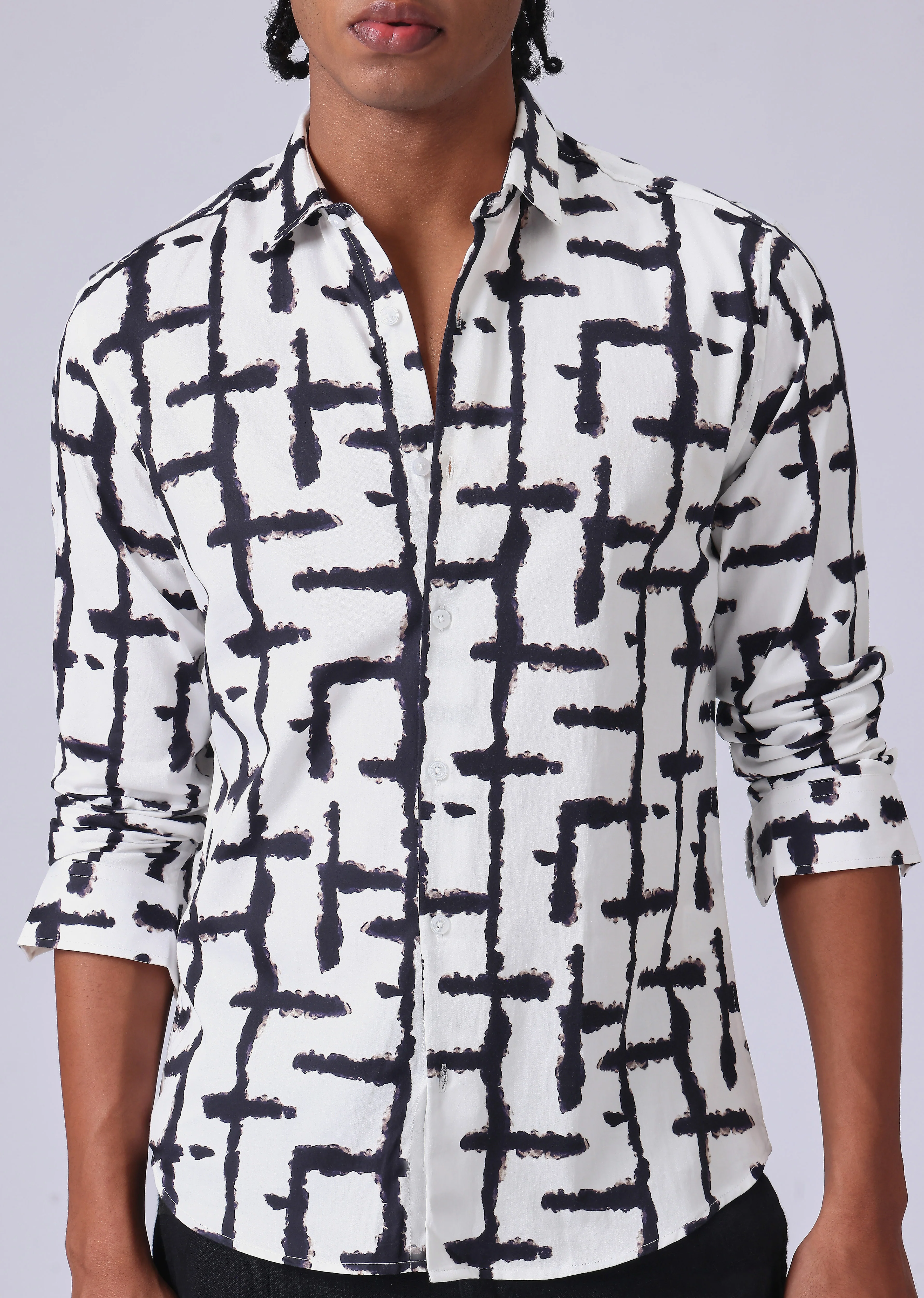 White Abstract Check Print Shirt - Image 7