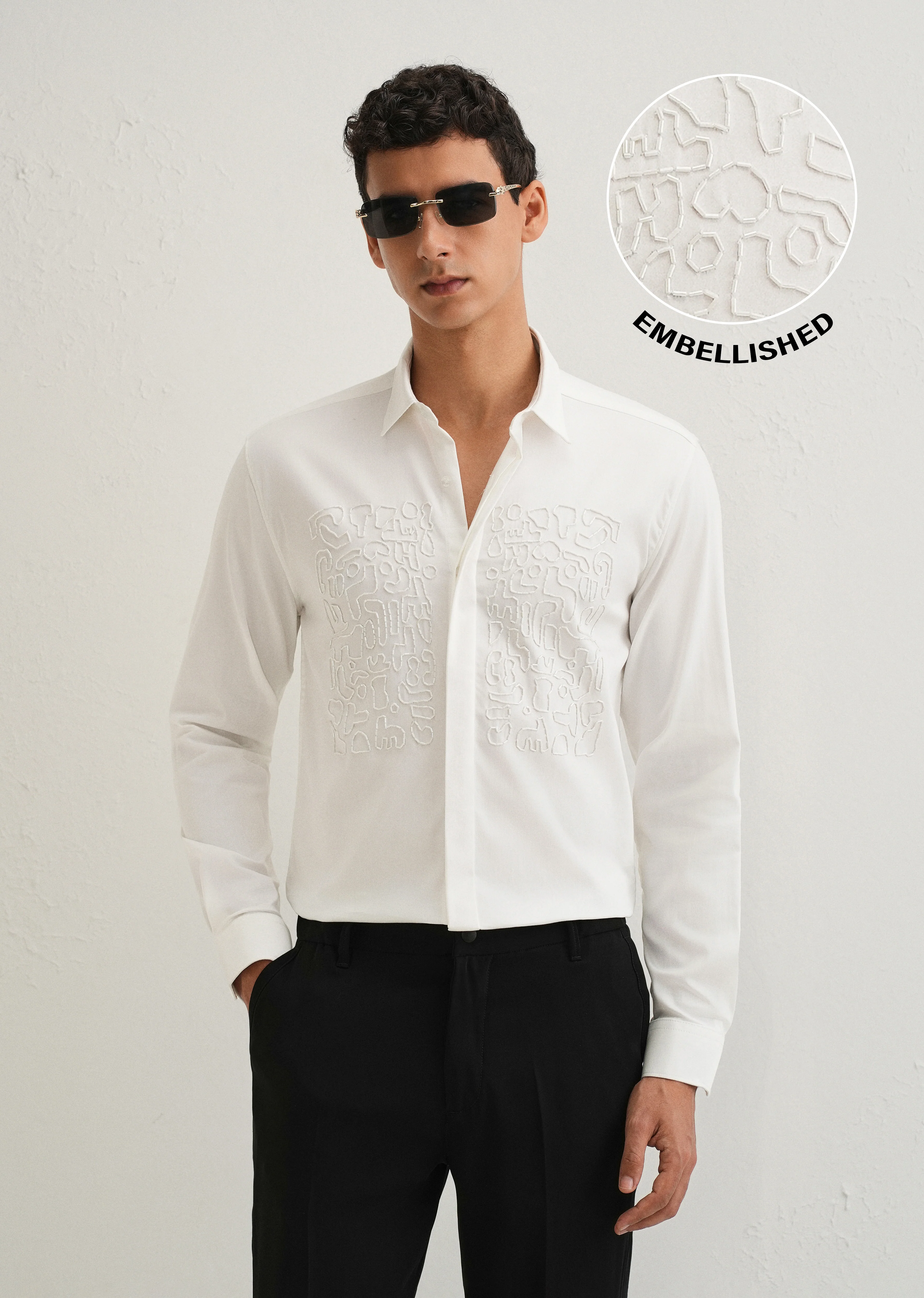 White Abstract Embellished Designer Shirt - Image 7