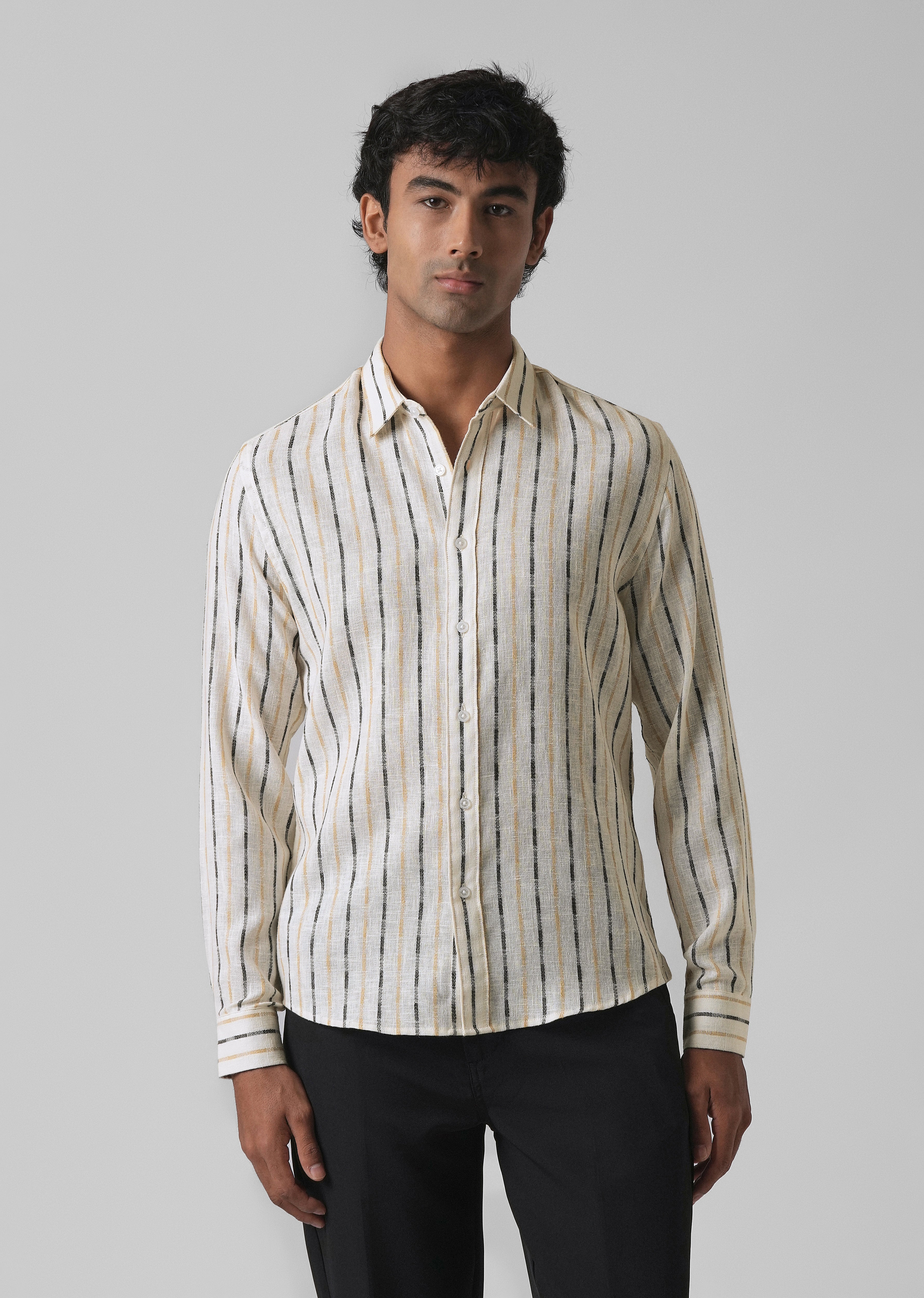 White Beige Blended Cotton Striped Shirt - Image 3