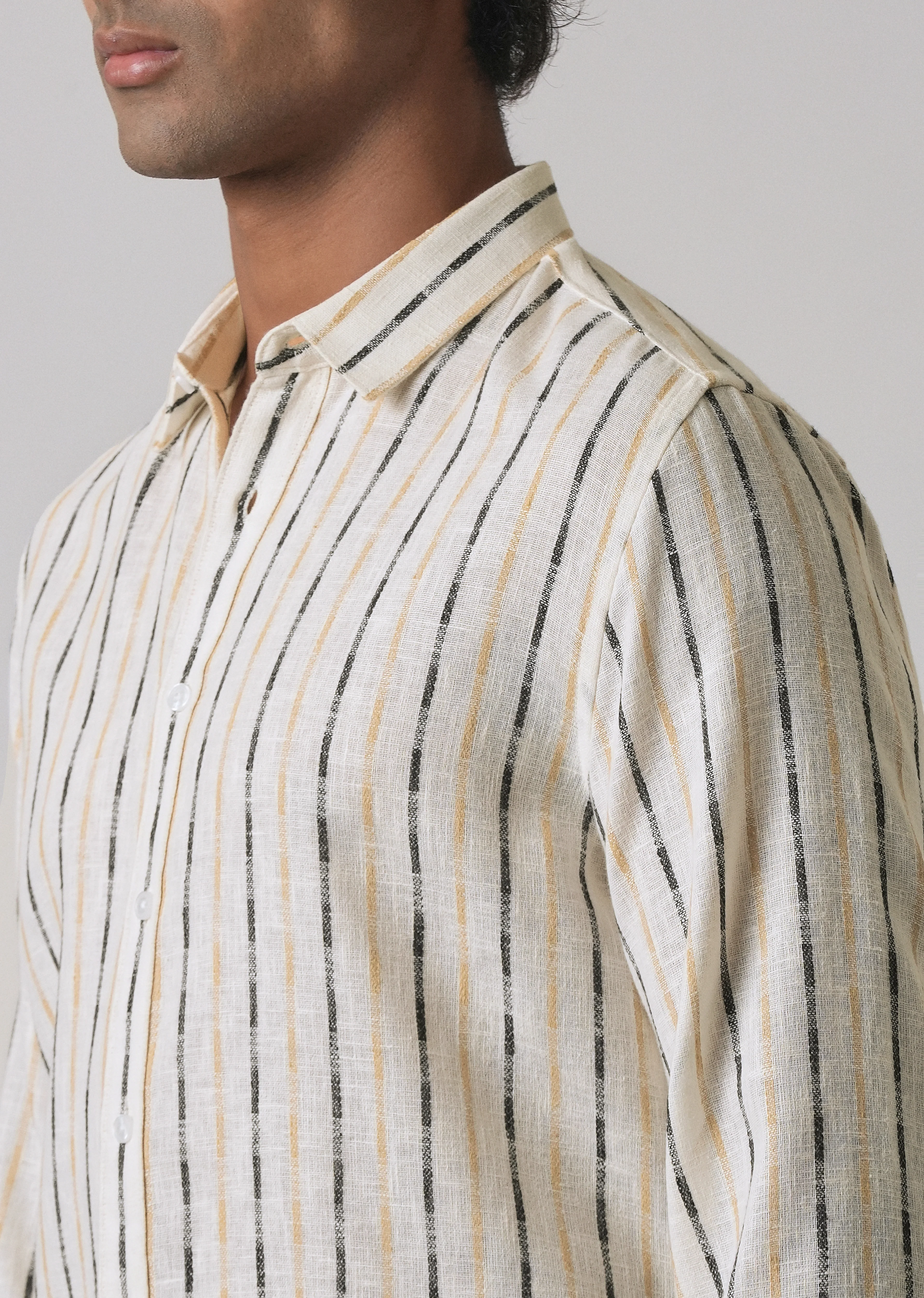White Beige Blended Cotton Striped Shirt - Image 5