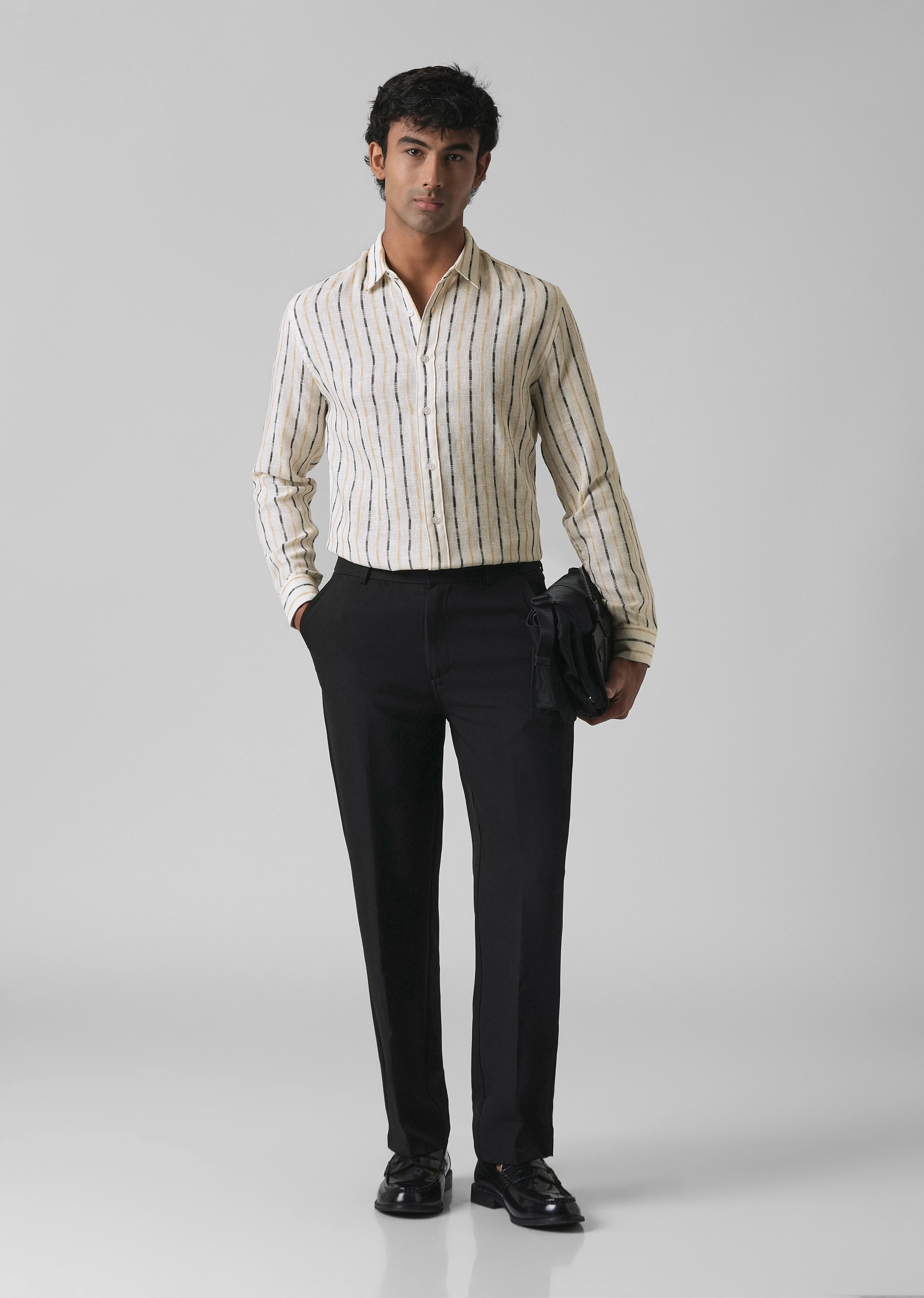 White Beige Blended Cotton Striped Shirt - Image 6