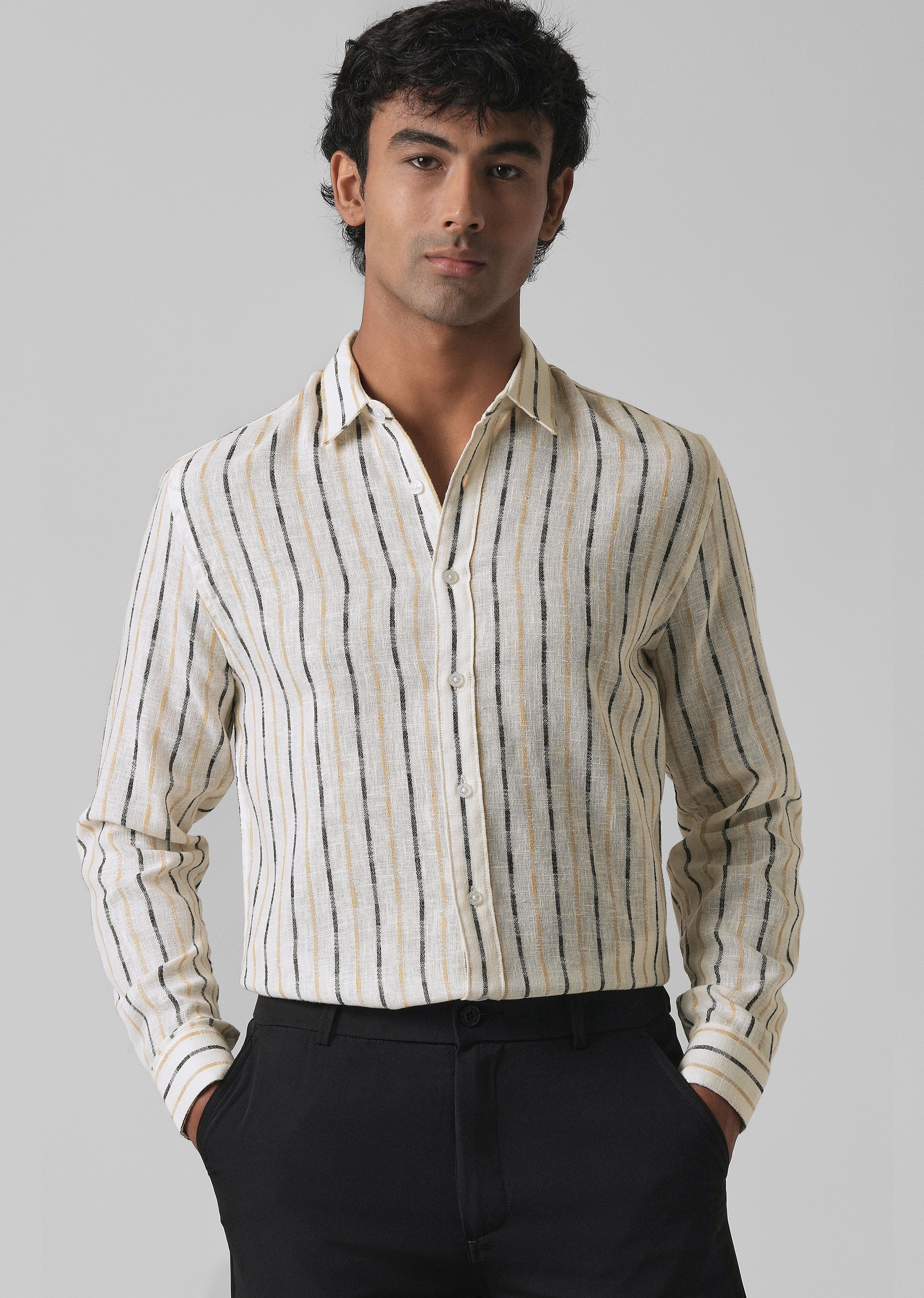 White Beige Blended Cotton Striped Shirt - Image 7