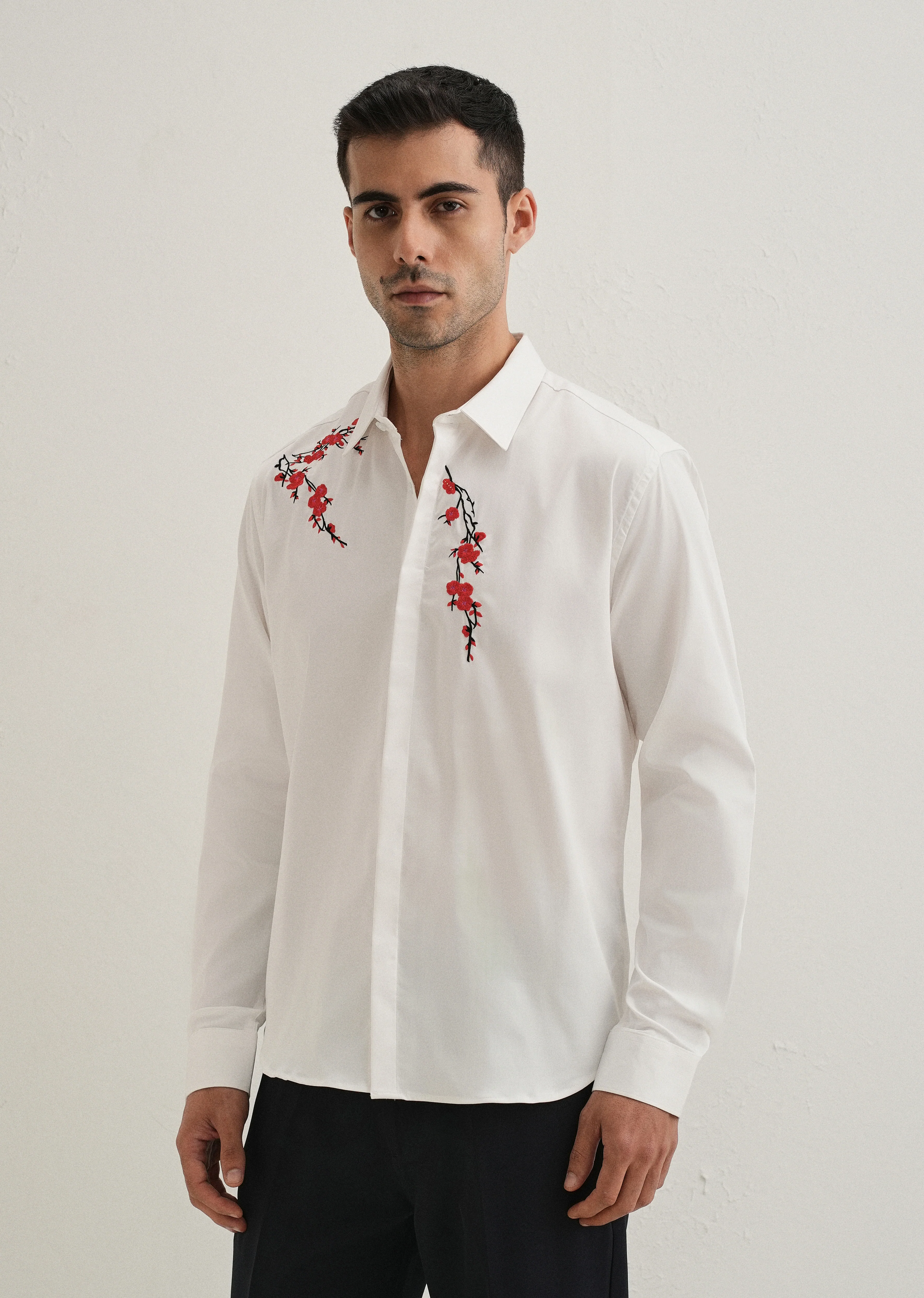 White Blossom Embroidered Designer Shirt - Image 5