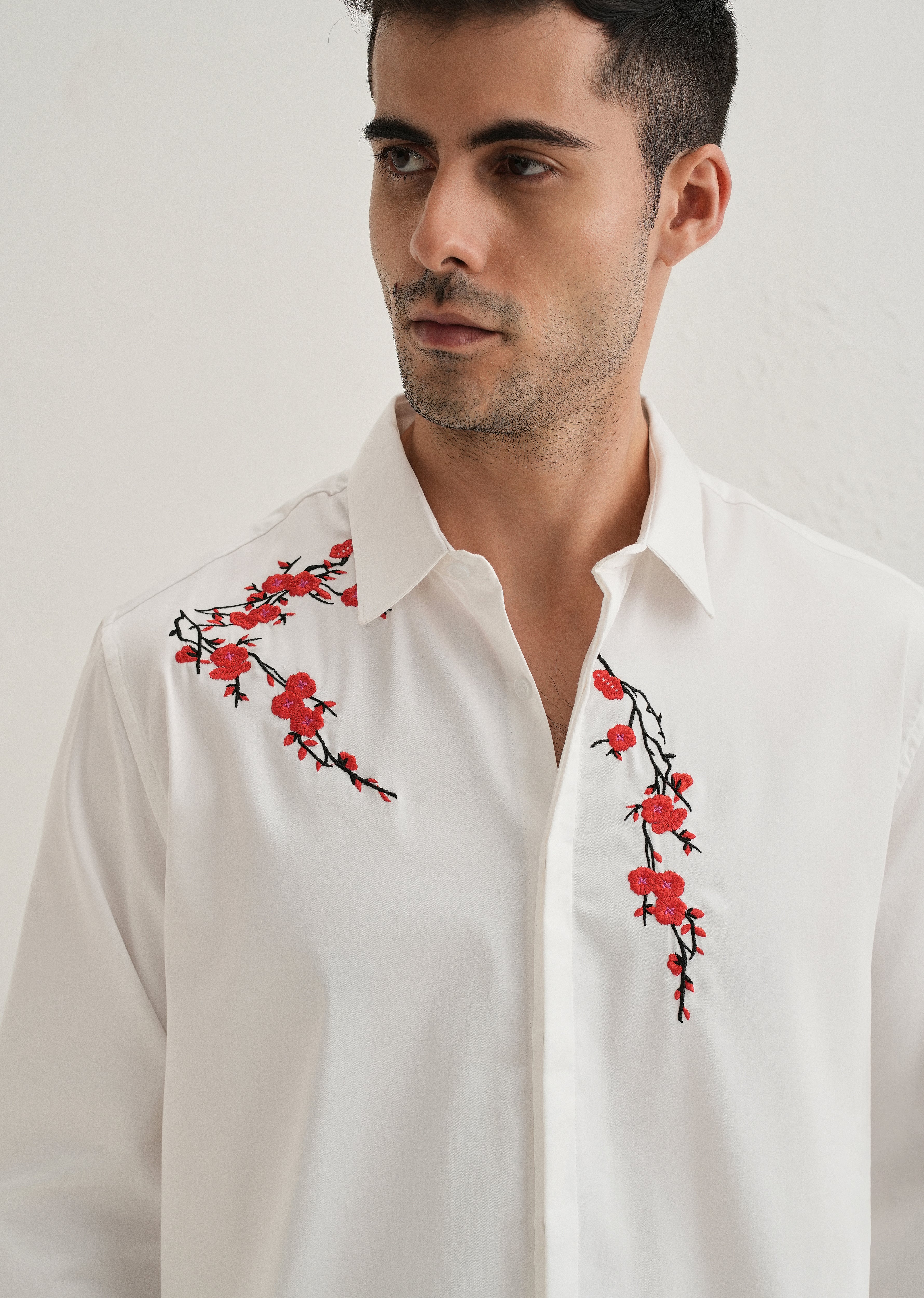 White Blossom Embroidered Designer Shirt - Image 6