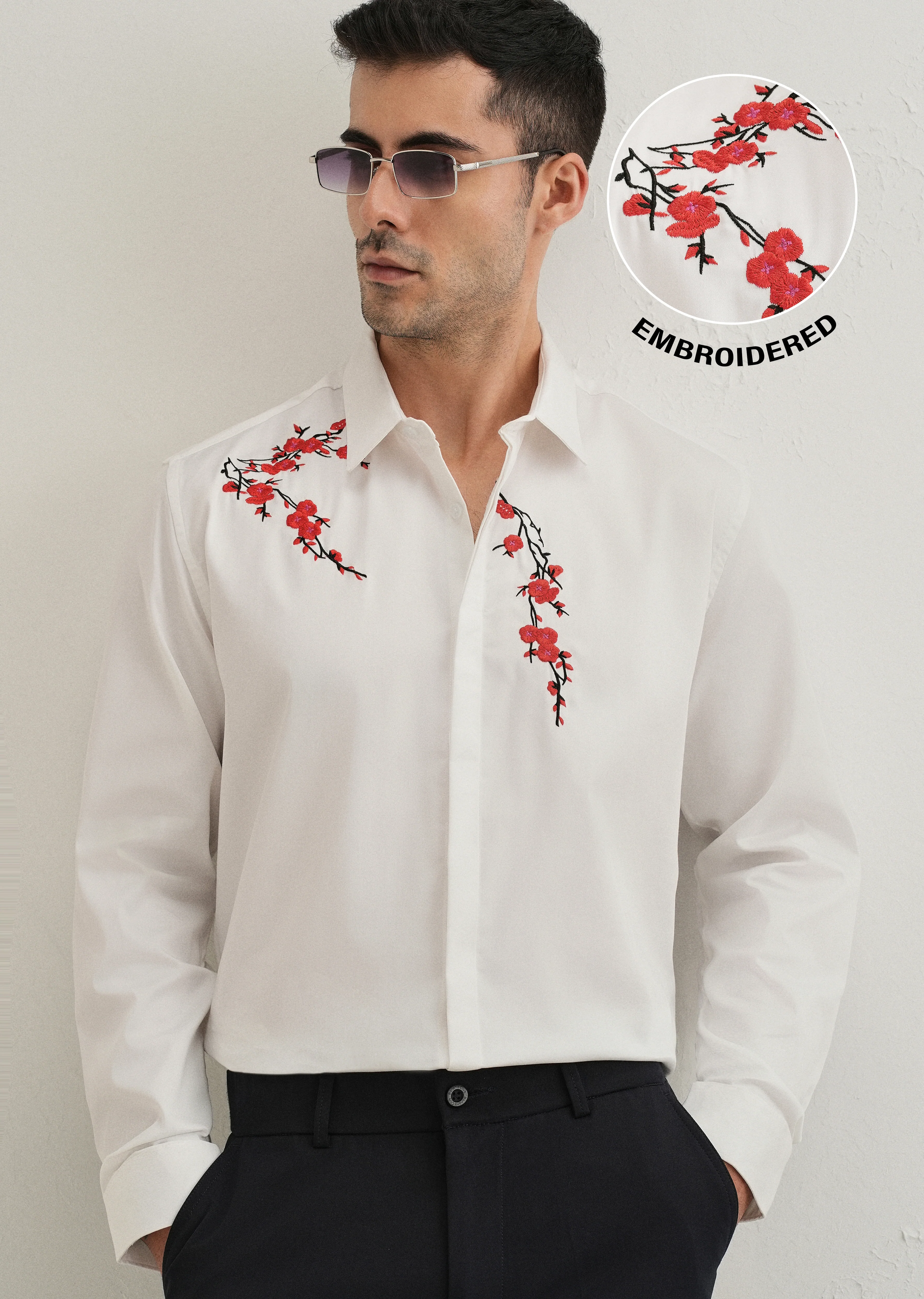 White Blossom Embroidered Designer Shirt - Image 8