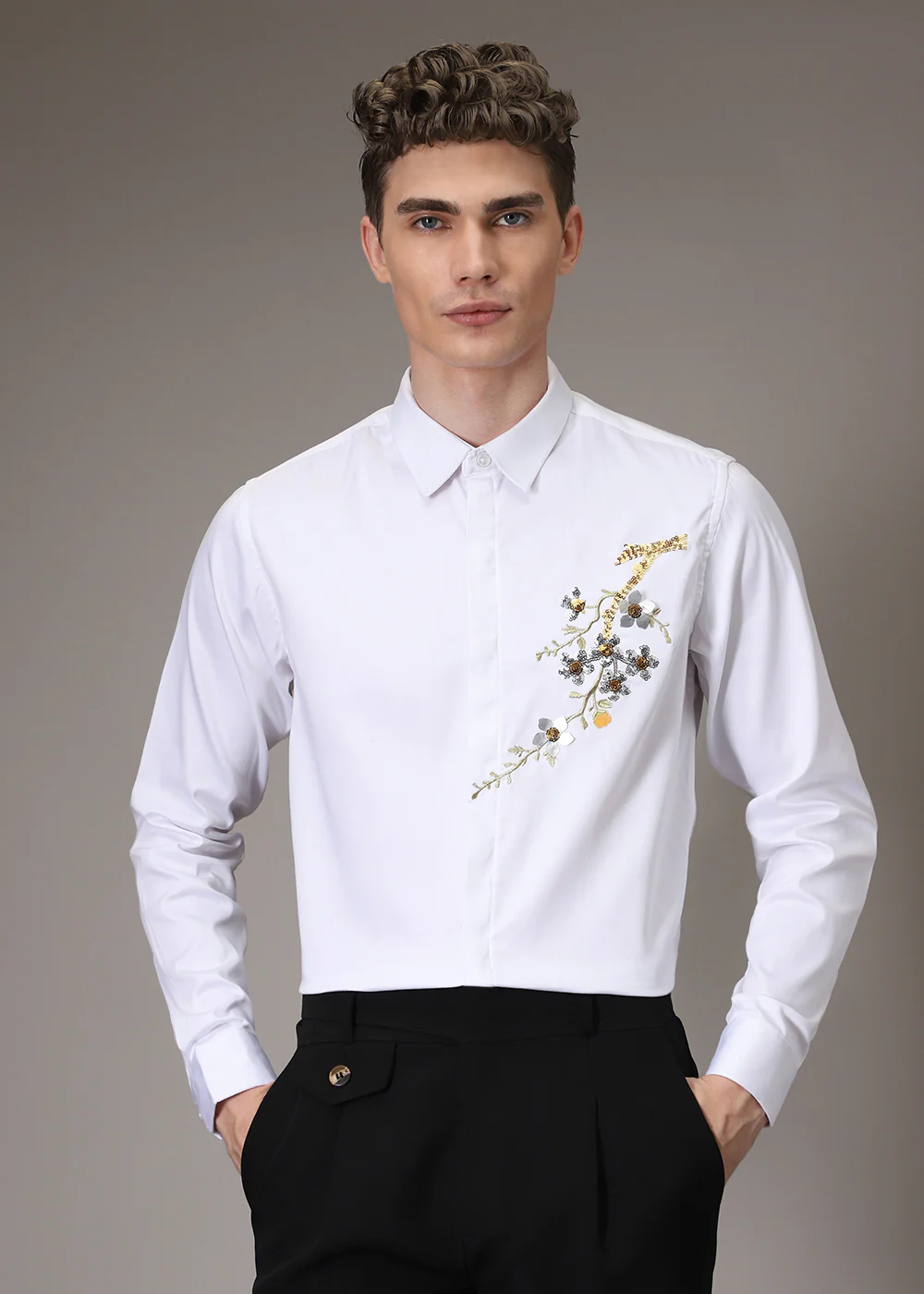 White Blossom Sequenced Designer Shirt - Image 4