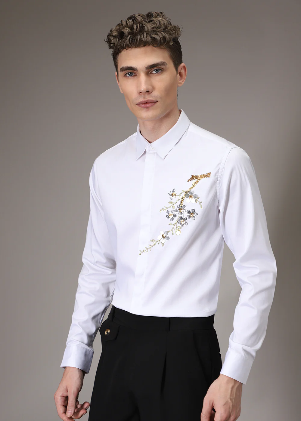 White Blossom Sequenced Designer Shirt - Image 6