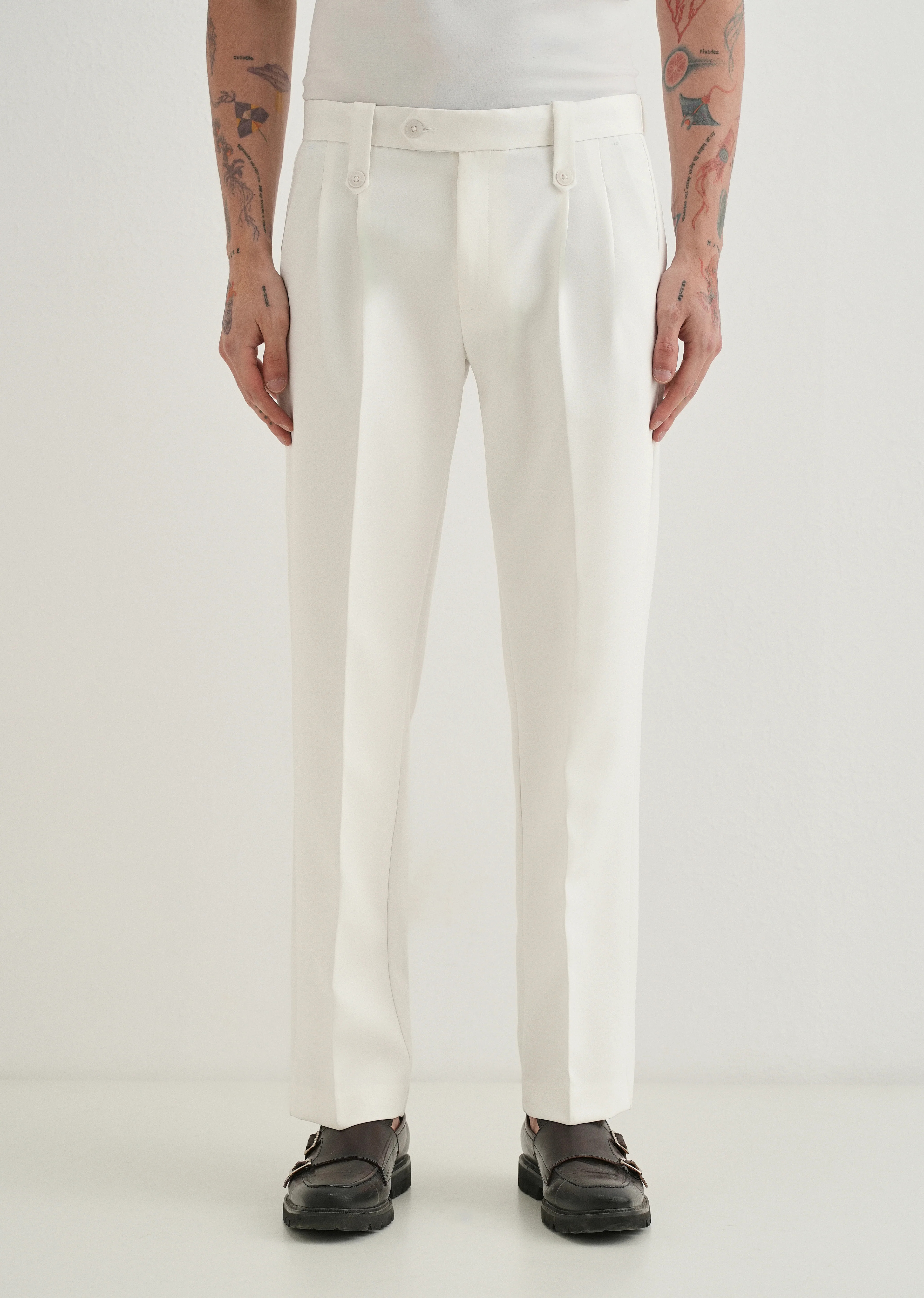 White Button-Tab Pleat Trouser - Image 3