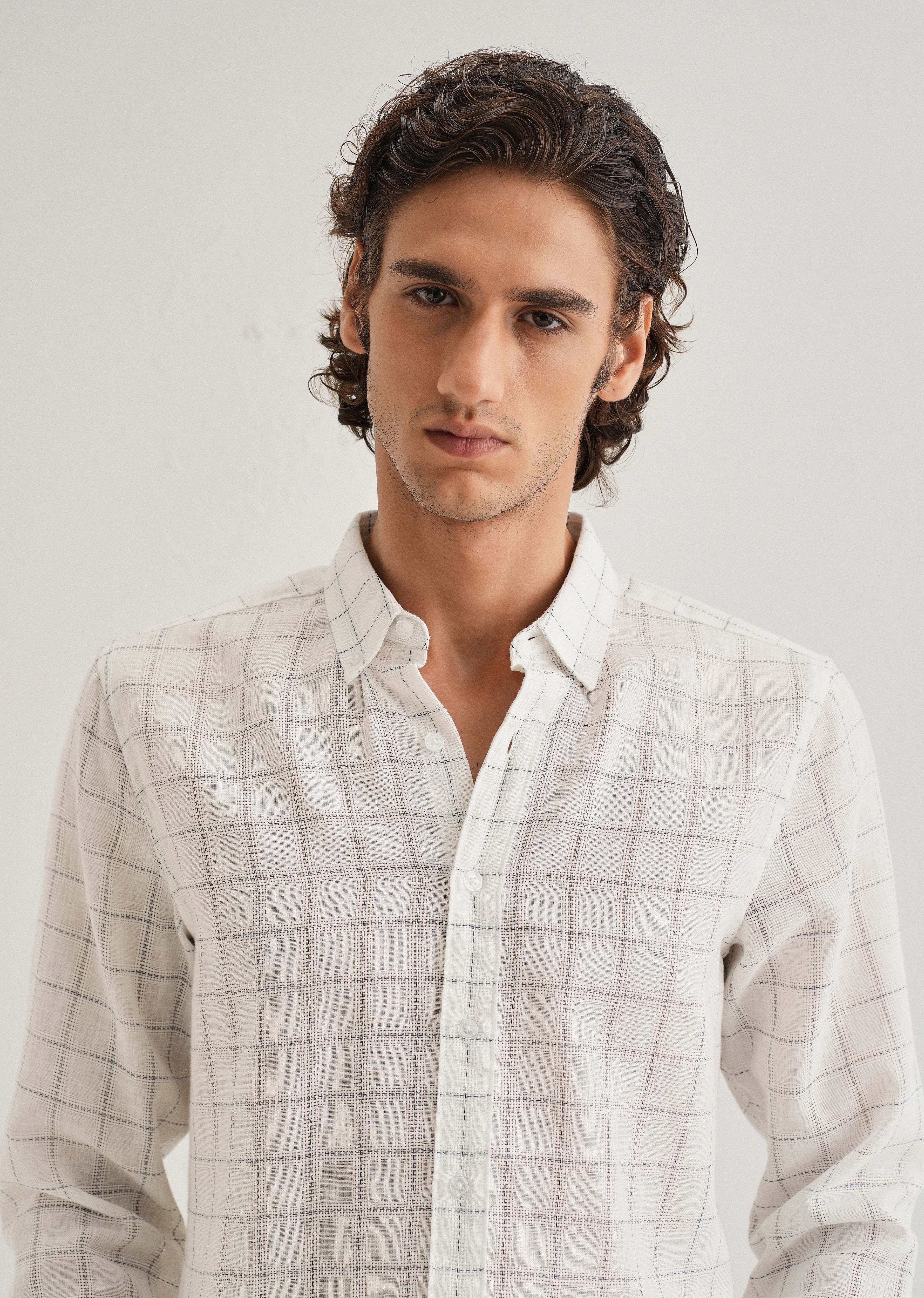 White Check Blended Linen Shirt - Image 5