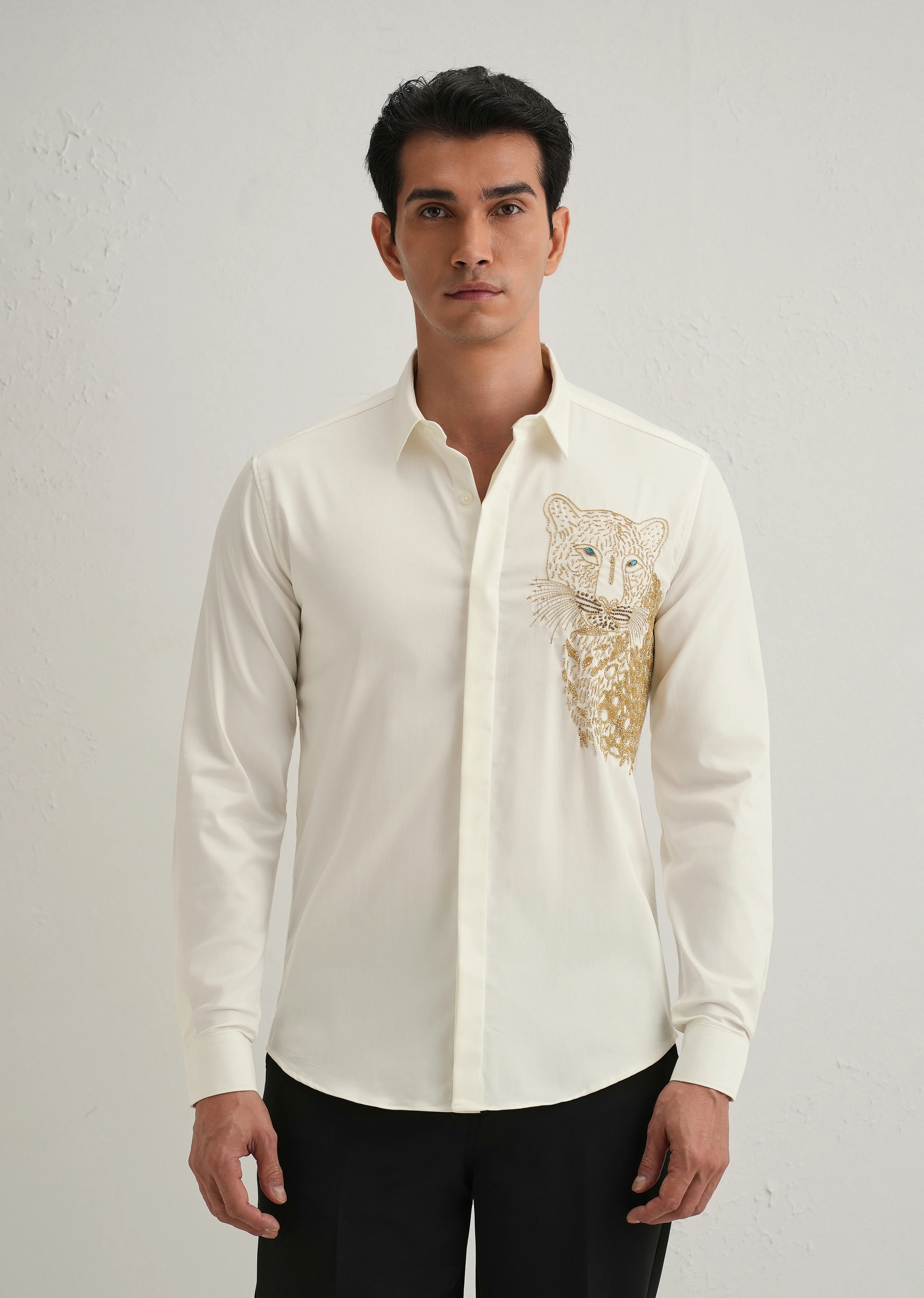 White Cheetah Embellished Handwork Designer Shirt - Image 3