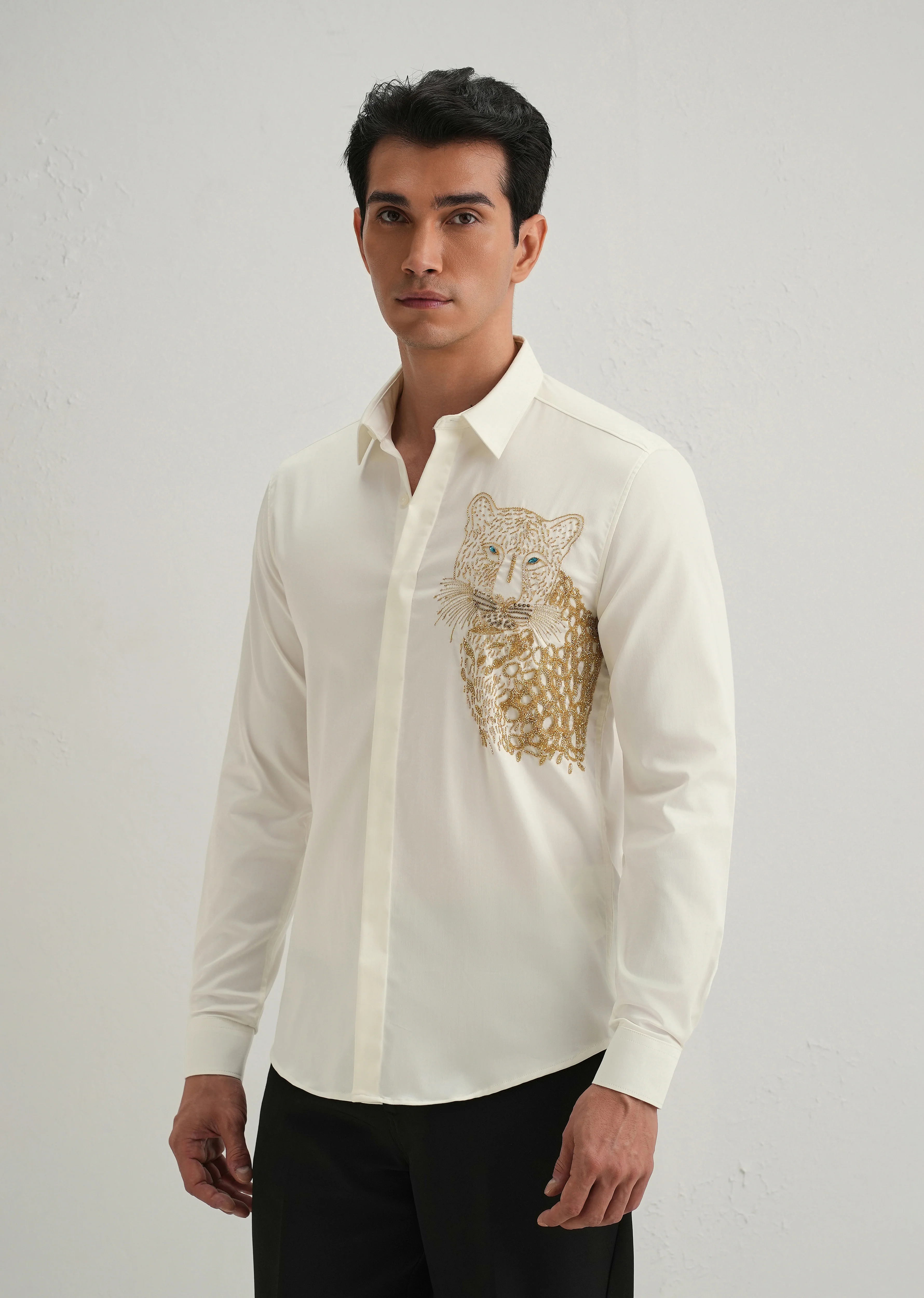 White Cheetah Embellished Handwork Designer Shirt - Image 5