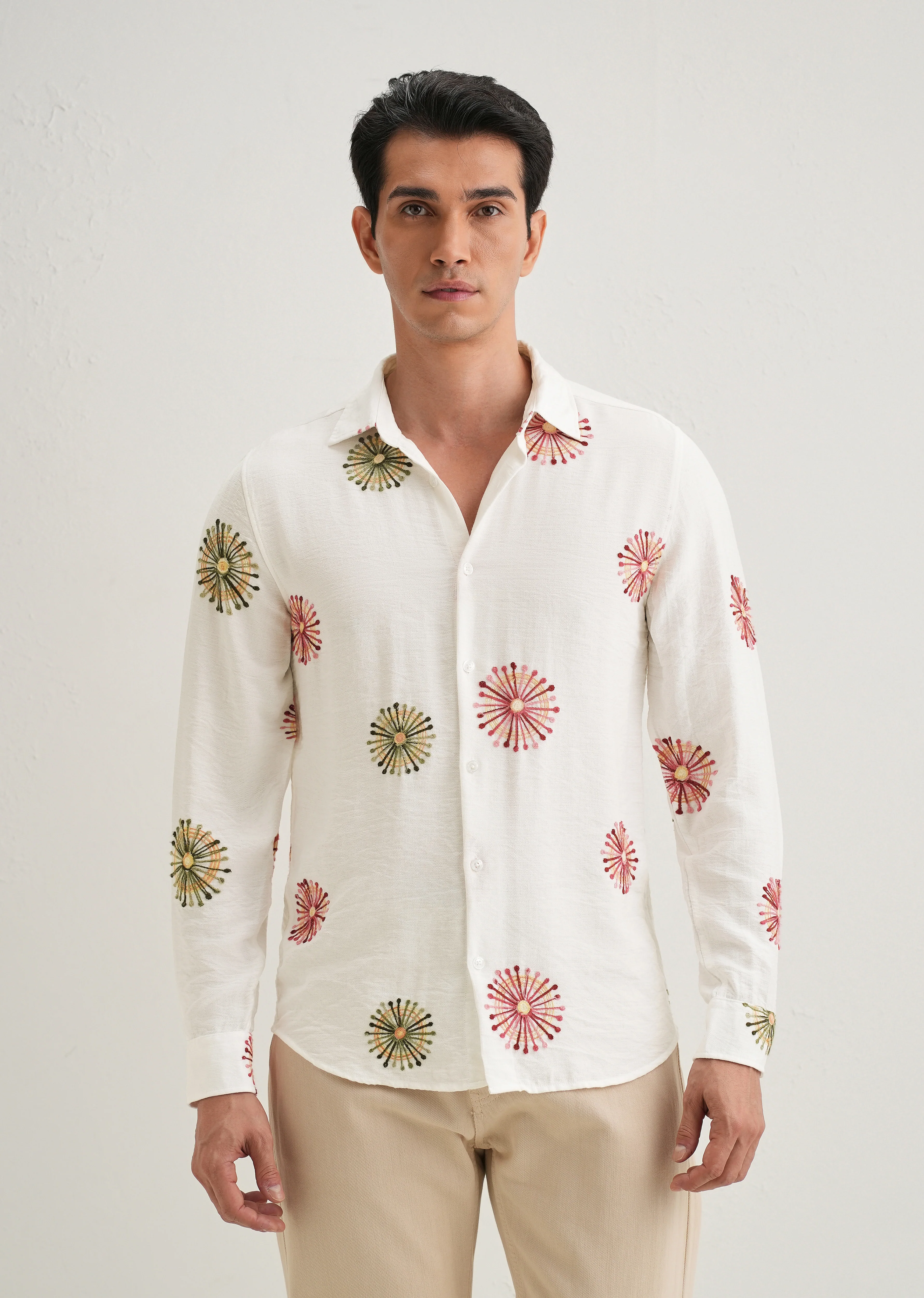 White Circular Embroidery Shirt - Image 3